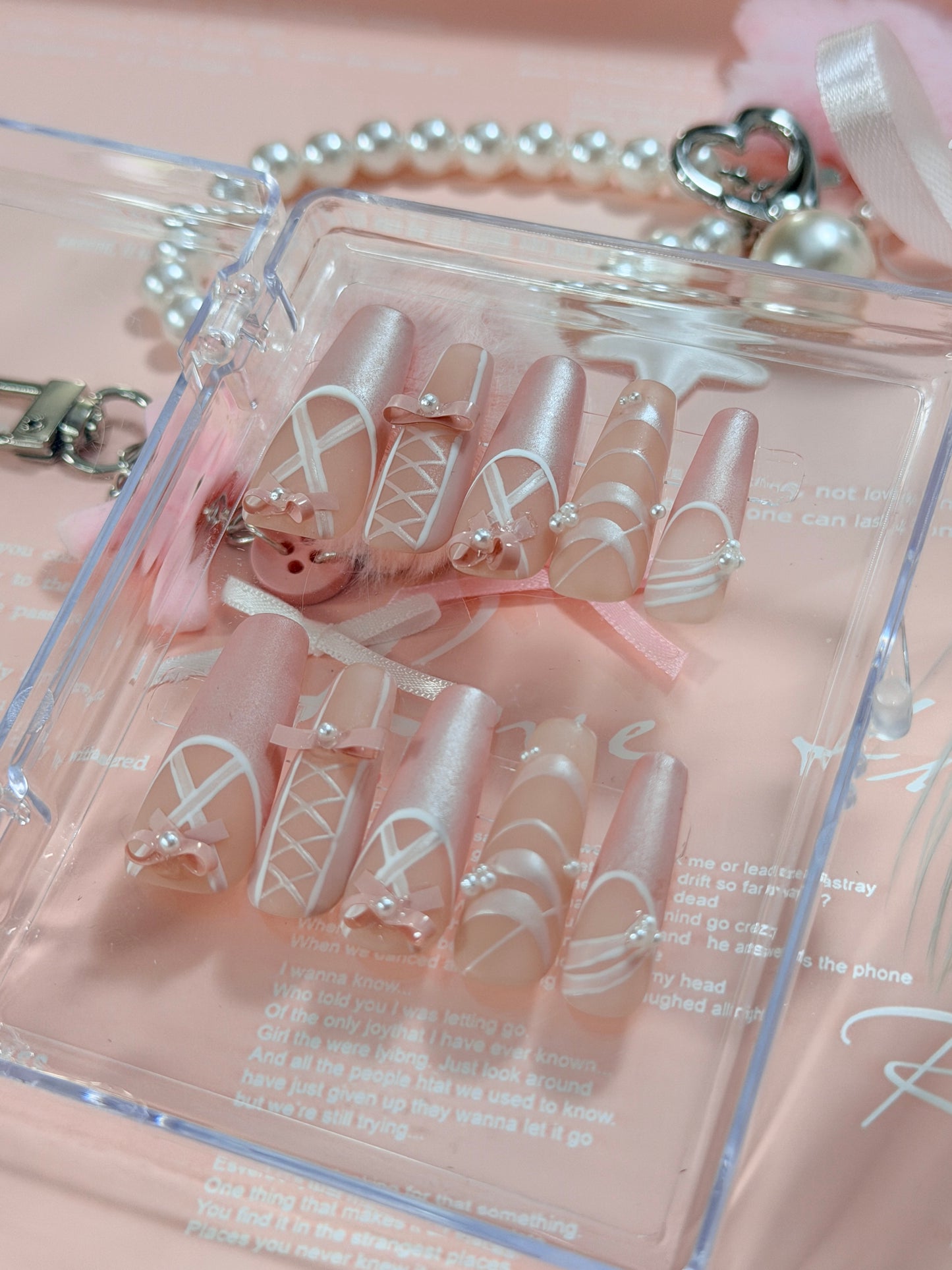 Pearl Pink Ballet Lace Bow Pattern Press On Nails Long Coffin