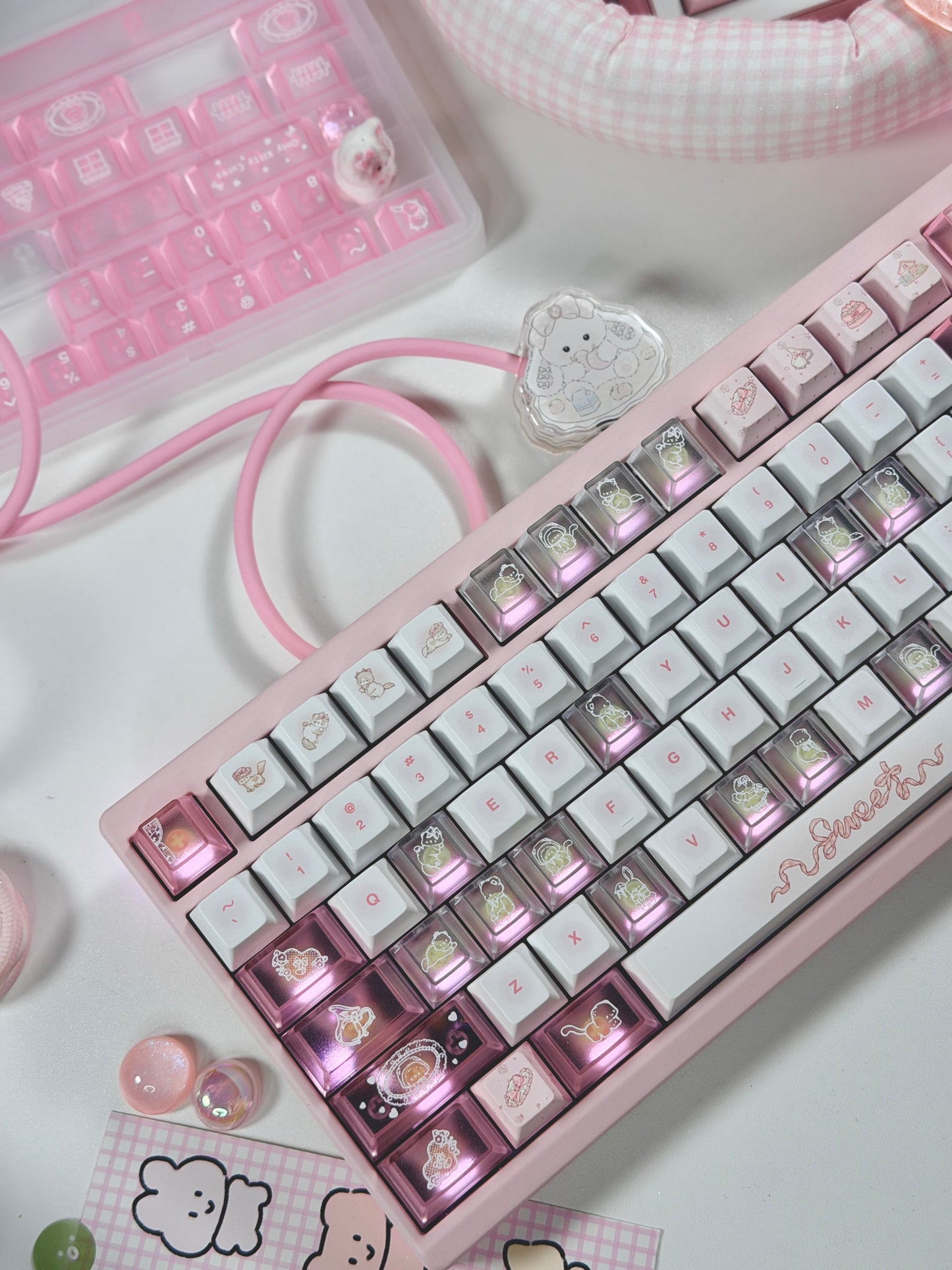 ONLY 1 Instock Prebuilt Aluminum Custom Mechanical Keyboard Pale Pink Meletrix ZOOM TKL DYNA Cat Keycap Set & Bow Pad