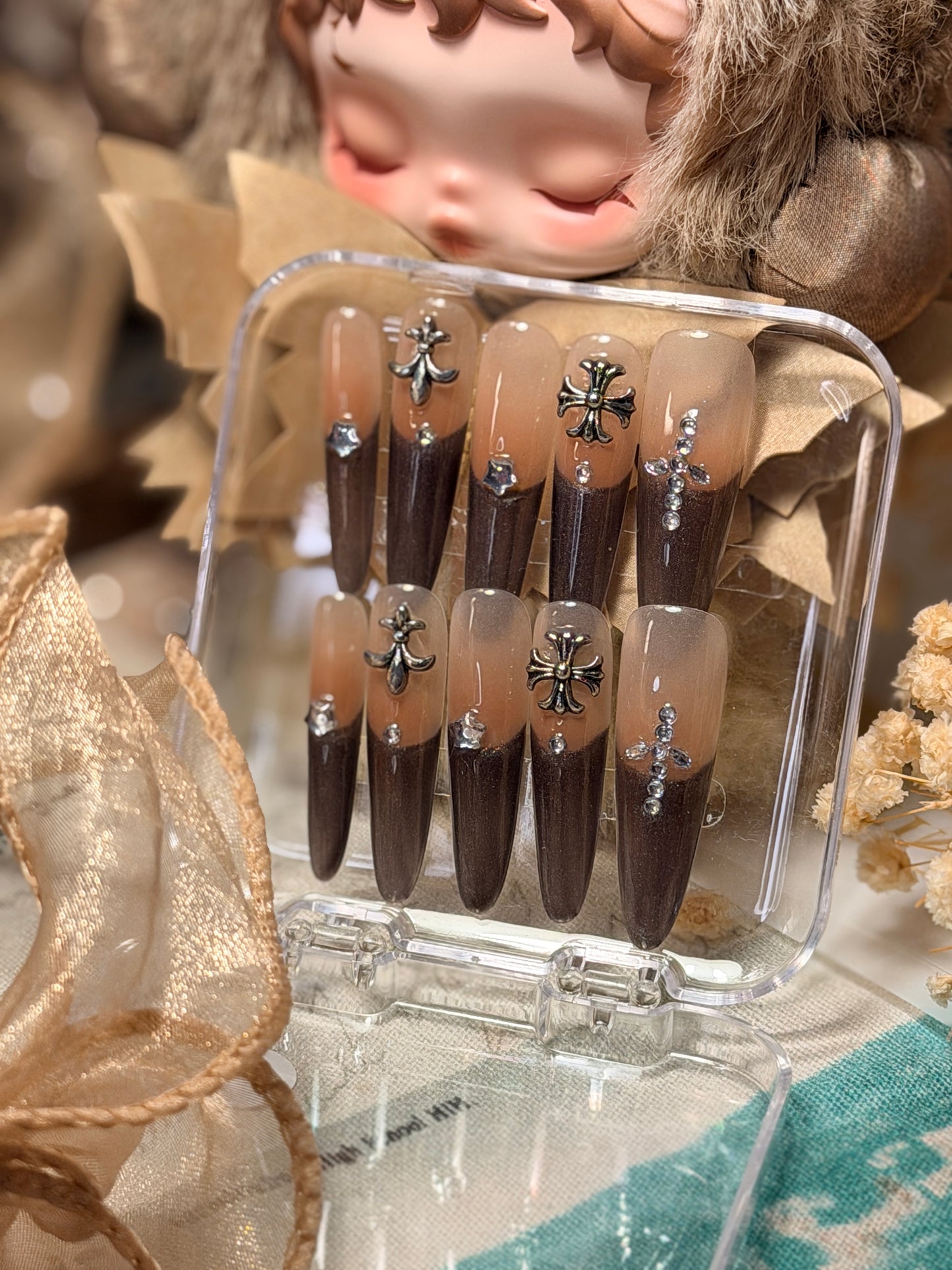 ONLY 1 Instock Designer False Nails Chrome Hearts Smoky Coffee Fine Shimmer French Style Long Press-On Nails(#889）