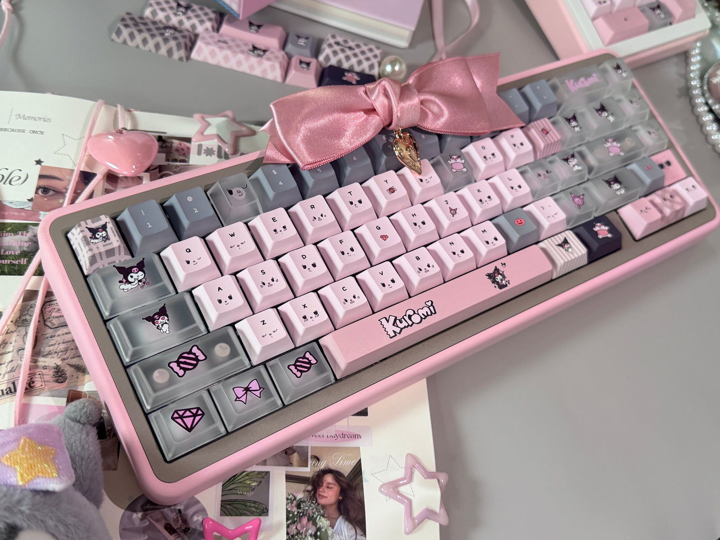 ONLY 1 INSTOCK Prebuilt Aluminum Customized Mechanical Keyboard Rose65 Grey Pink Set With Bow Pad