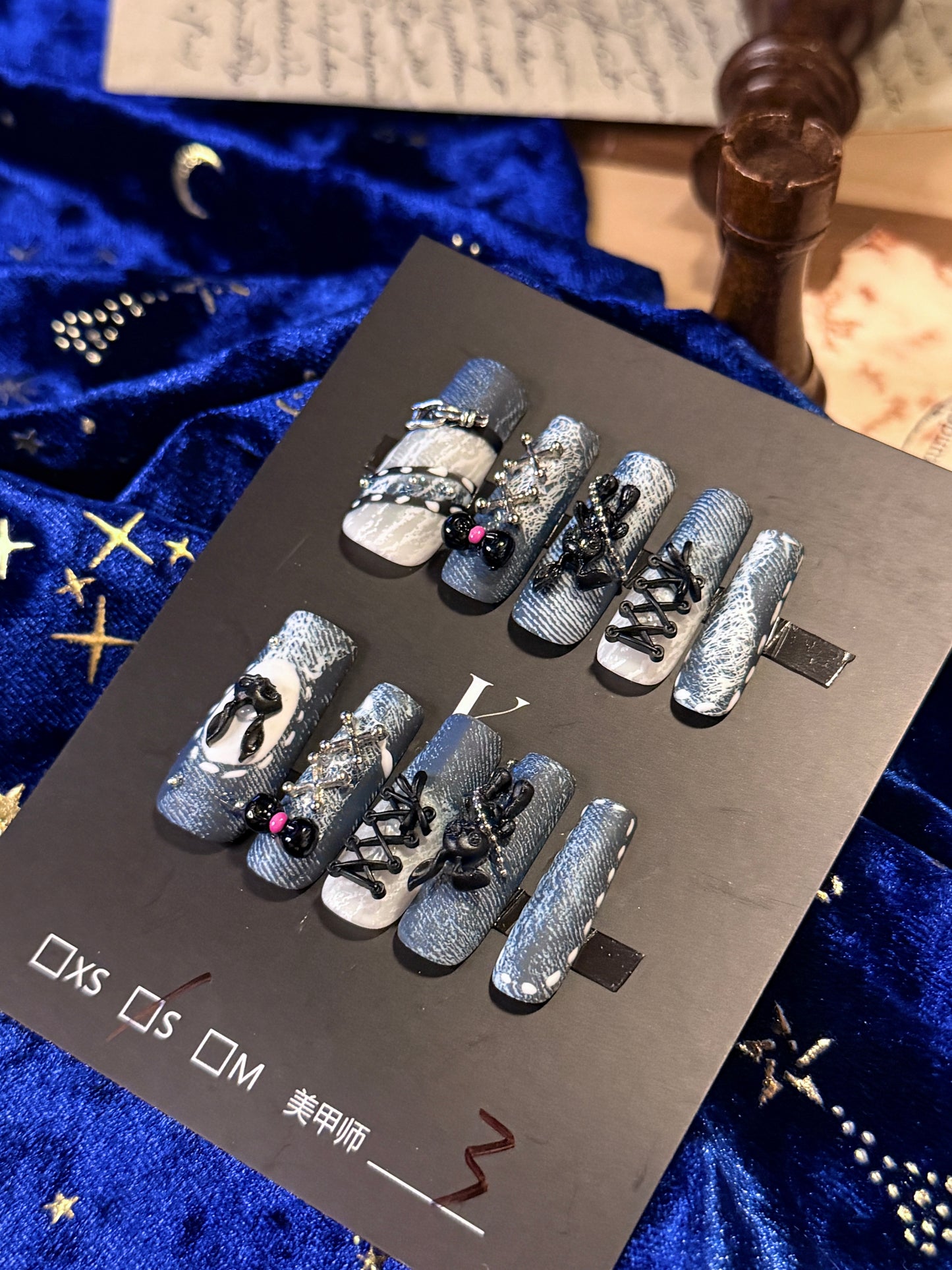 Punk Bunny 3D Lace Strap Denim Jeans Pattern Press On Nails Long Pipe Handmade Paint