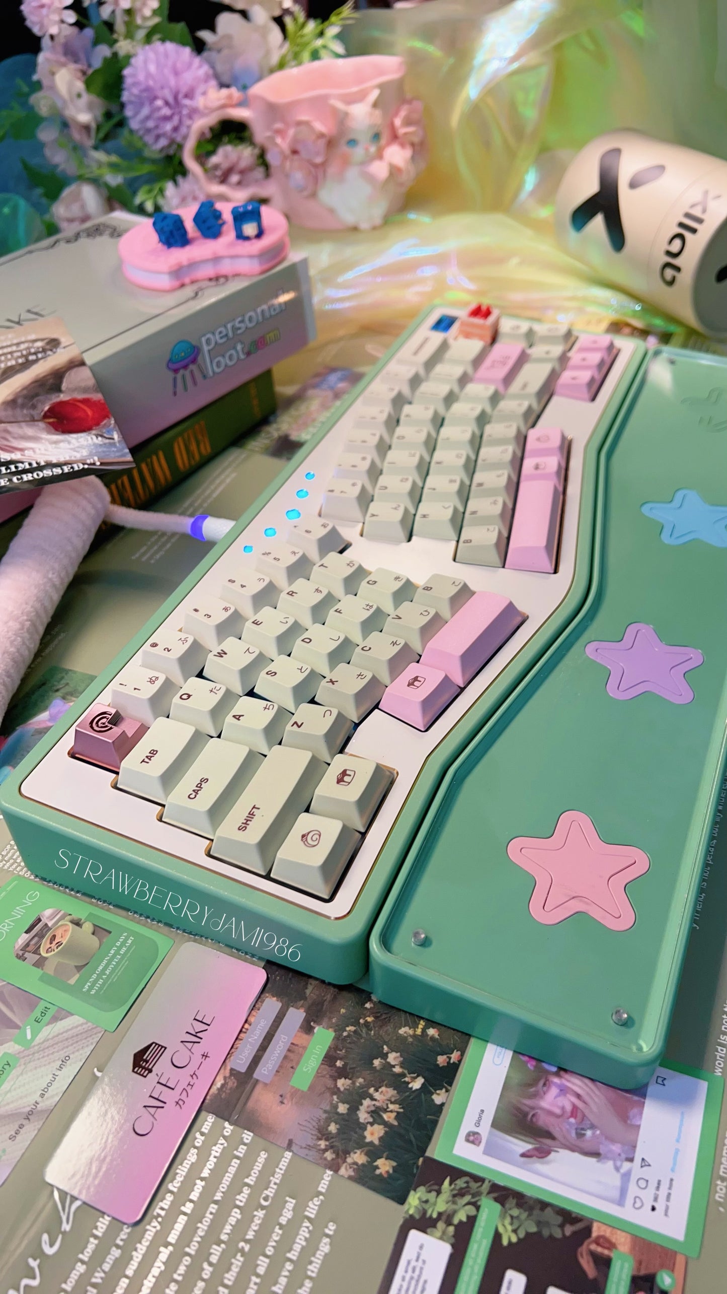 【Only 1 In-stock】Prebuilt StarAlice Ergonomic Green Pink Aluminum Customized Mechanical Keyboard with Wrist rest