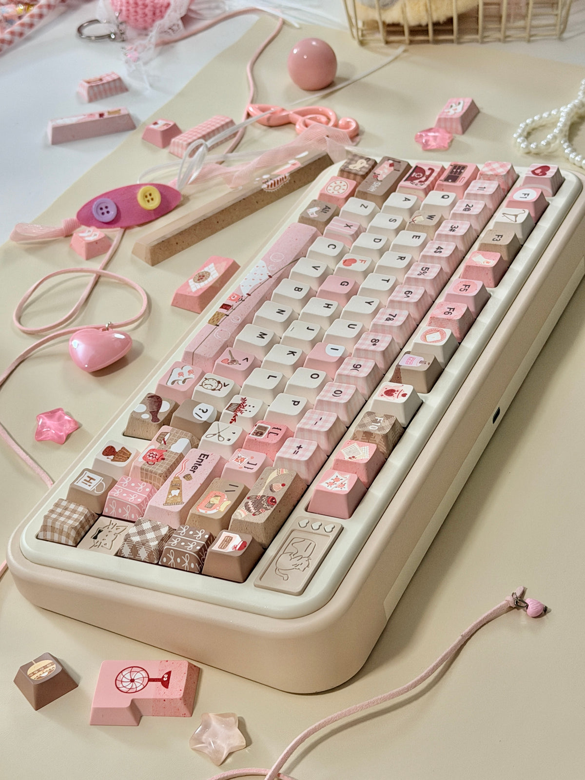 #0313 Sweet Home Strawberry Milk Café Keycaps – Kawaii Pink & Brown Dessert Theme Cute Custom Mechanical Keyboard Keycap Set