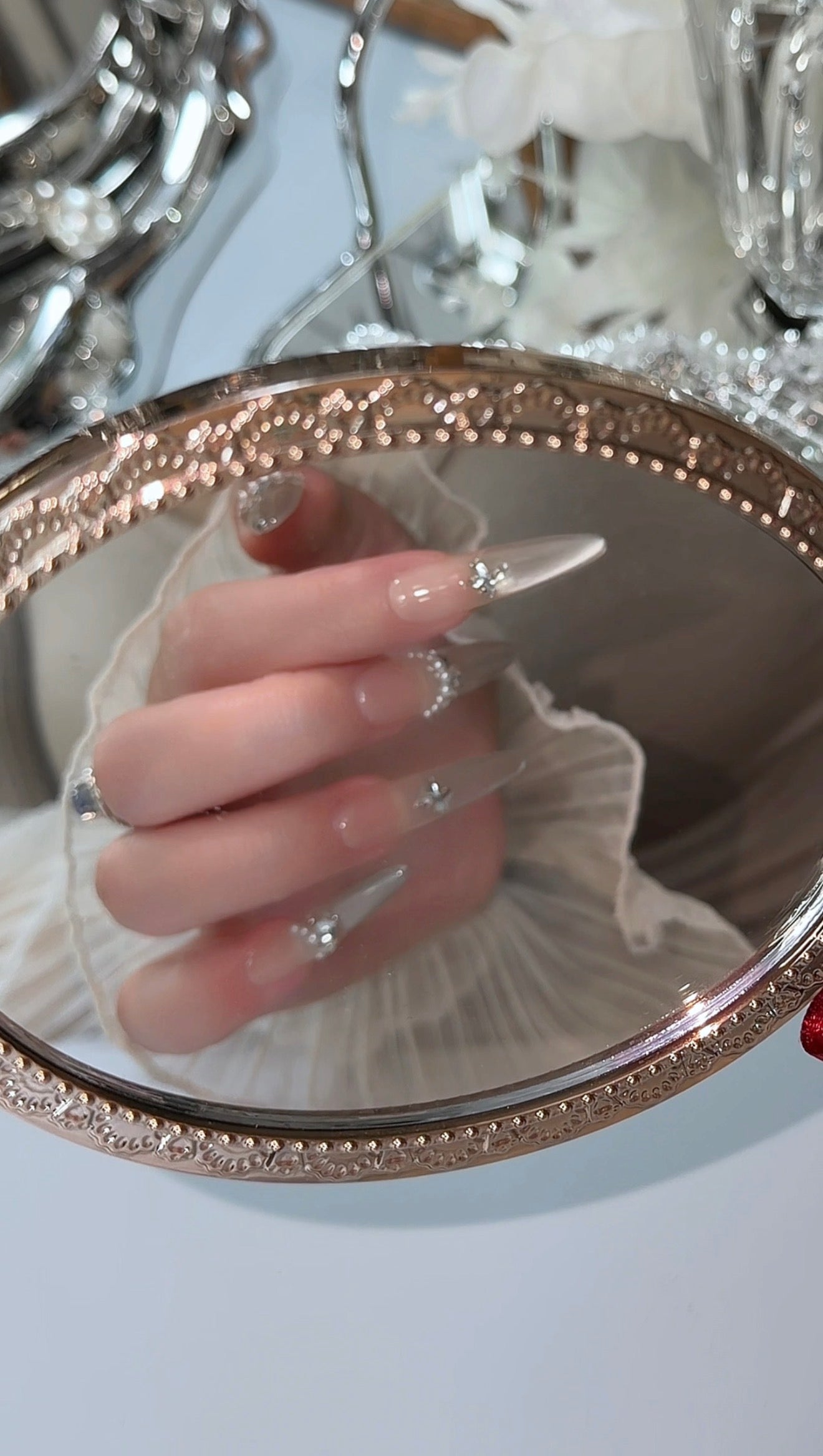 Silver Champagne Press On Nails Shimmering Diamond Pearl Long Stelitto Handmade Nail