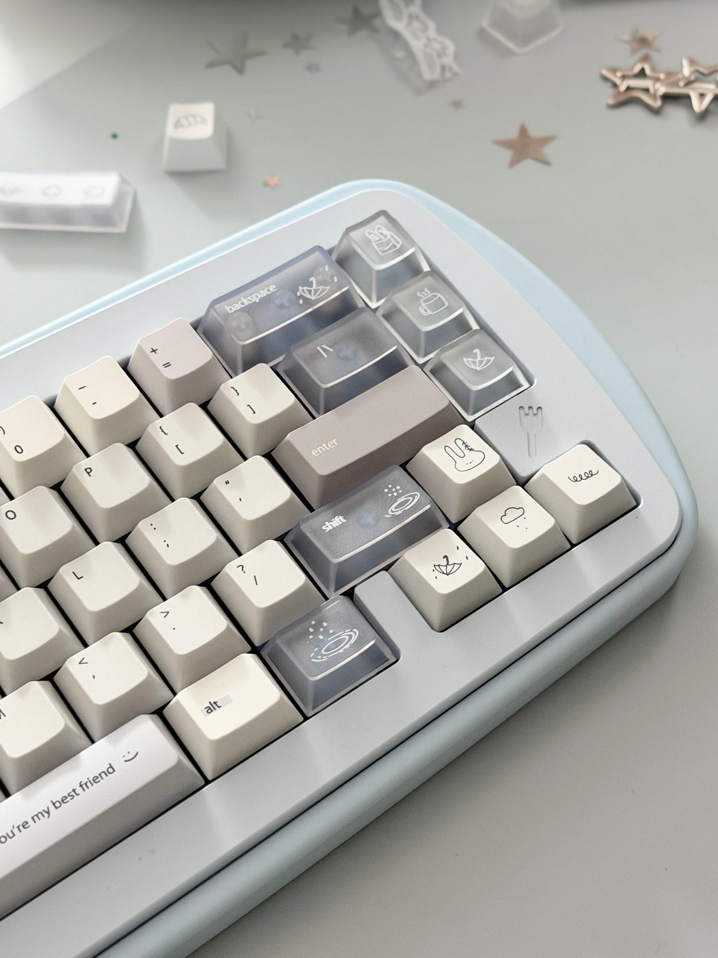 #0296 Minimalist Pale Blue White & Gray Keycap Set – Retro Japanese Style PBT Keycaps for Mechanical Keyboards Designed By Mochi Lab