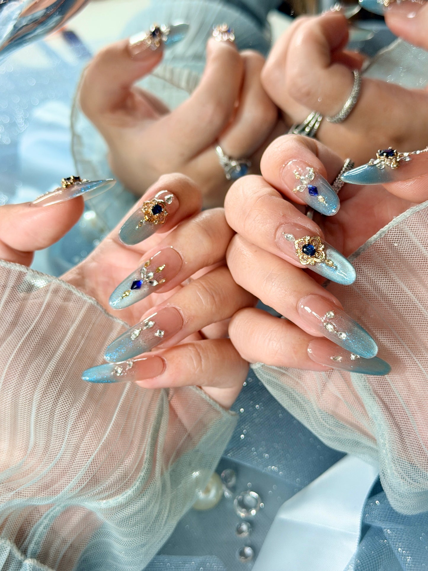 Crystal Blue Press On Nails Shimmering Diamond Cat-Eye Long Oval Handmade Nail Arts