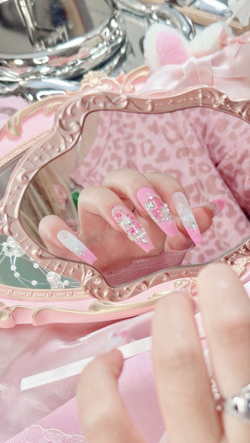 Barbie Pink Lace Flower Matte Finish Press On Nails Long Coffin Handmade With Diamond Pearl Beads