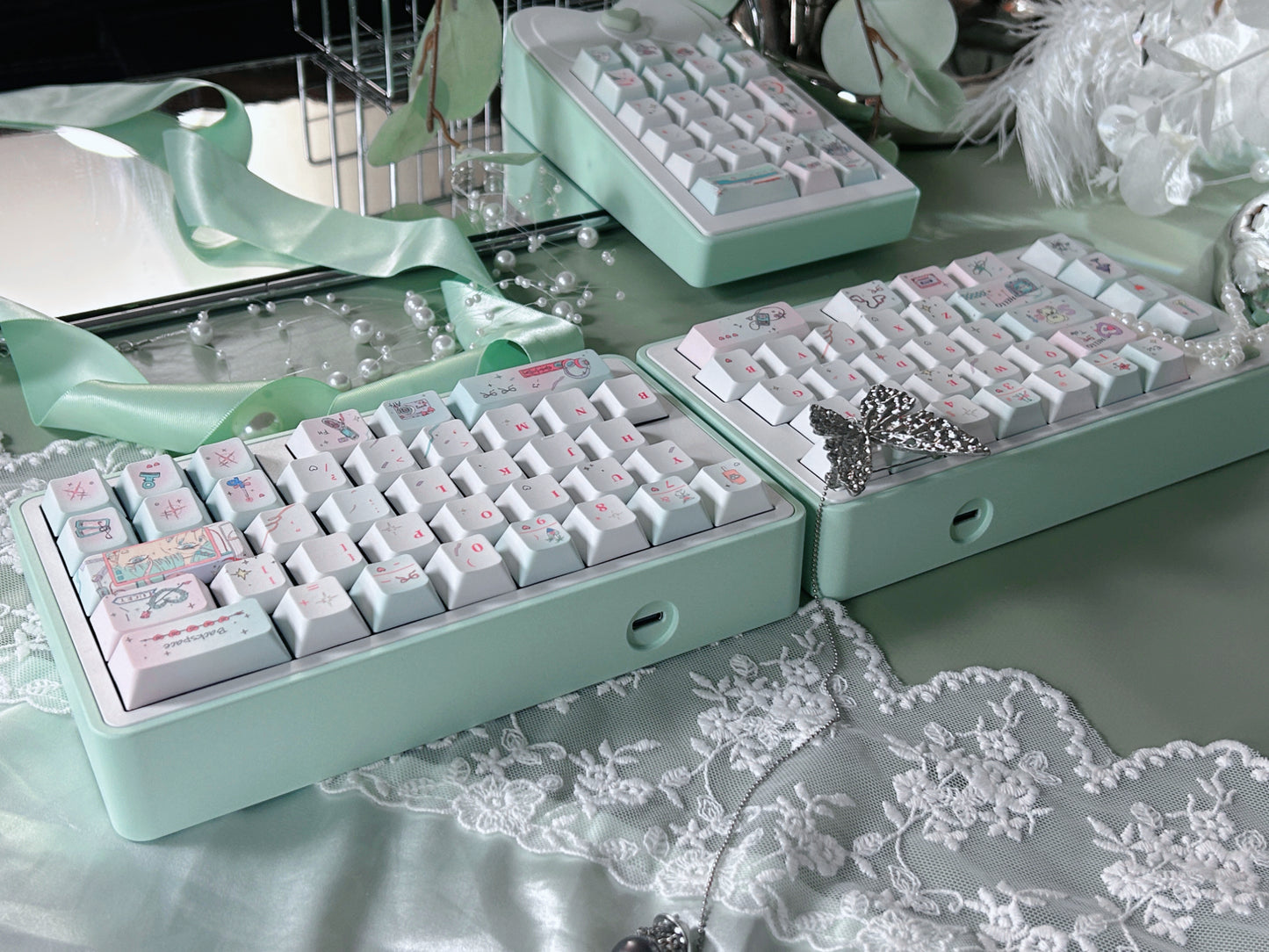 PREORDER Prebuilt Aluminum Customized Mechanical Keyboard Blockboy Split65 Mint Set With Bow Pad