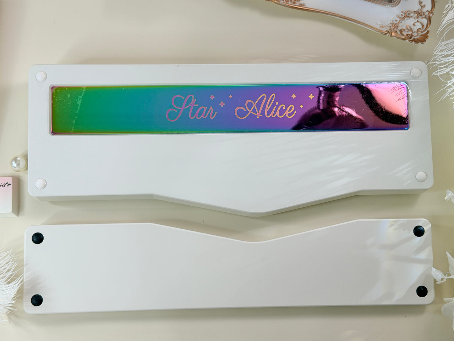 ONLY 1 Instock Prebuilt Aluminum Customized Mechanical Keyboard Staralice Cream White Set With Wristrest & Bow Pad