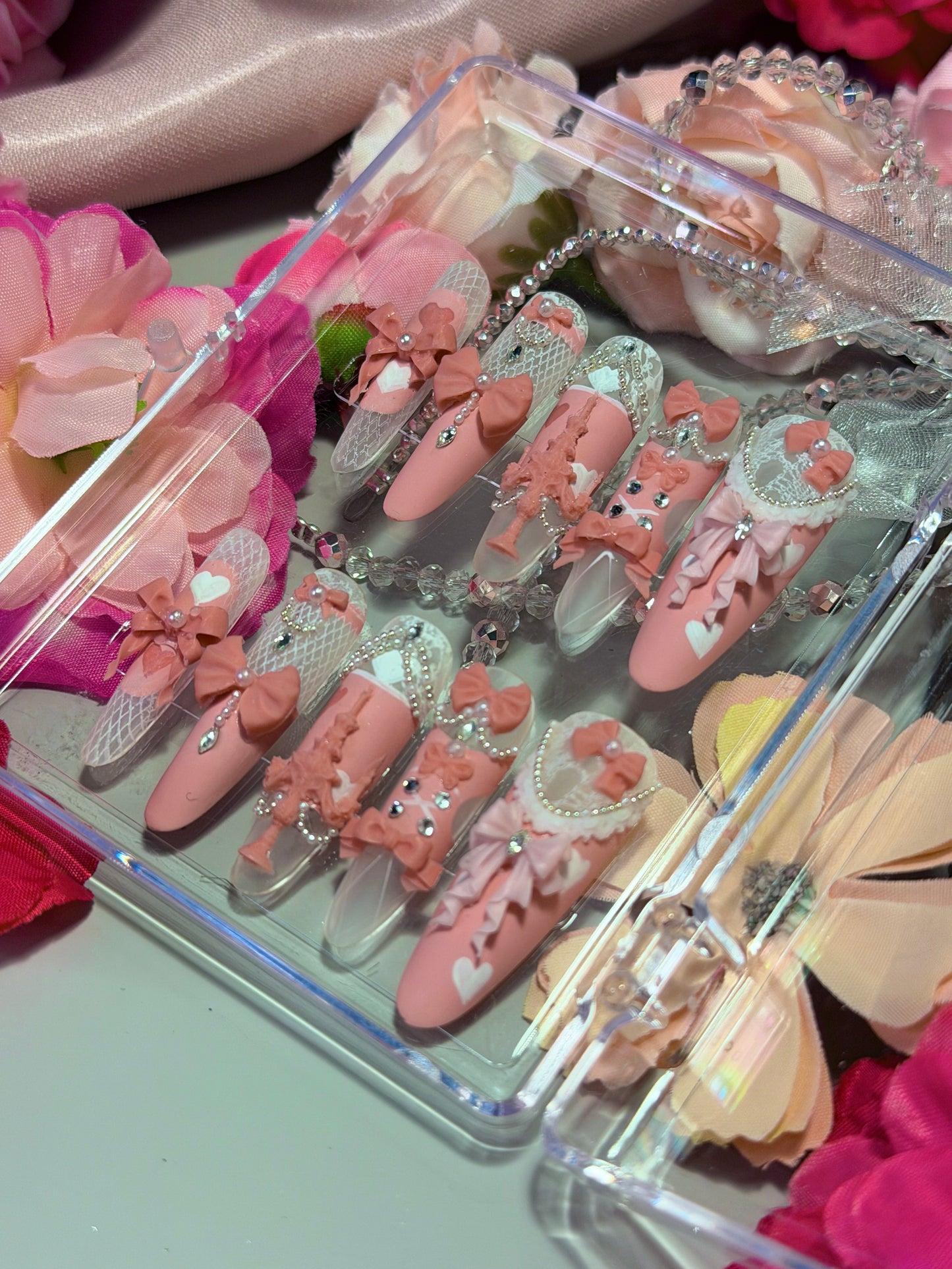 Pink Princess Bow Lace Flower Matte Finish Press On Nails Long Y05 With Pearl Beads Diamond Decor