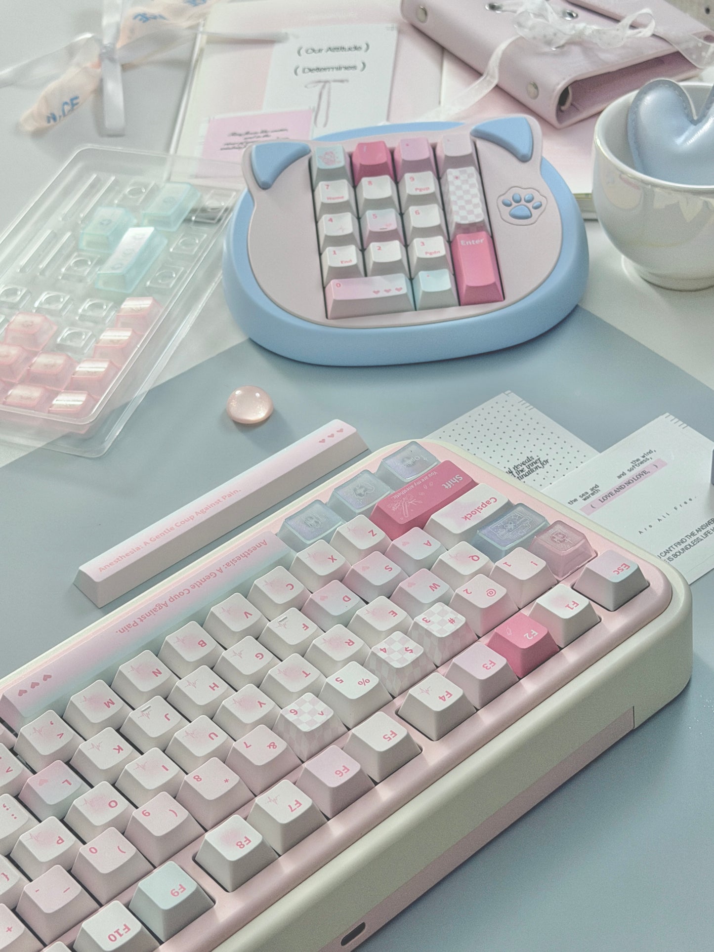 ONLY 1 Instock Creme75 Pale Pink Cream White Prebuilt Custom Aluminum Mechanical Keyboard Set ➕ Cat Pad
