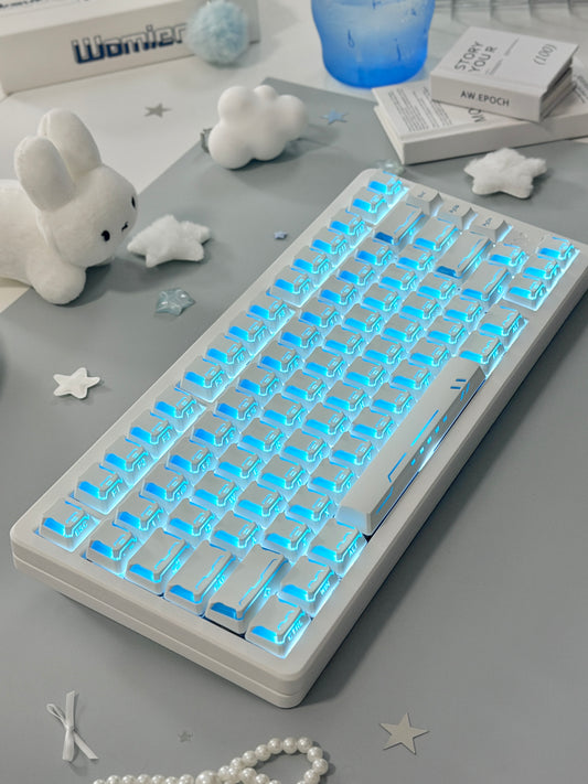 Unboxing ONLY 1 For Clearance WOMIER SK75 TMR White WIRELESS ALUMINUM CUSTOM KEYBOARD & STAR PRISM WHITE-BLUE CHERRY PROFILE SHINE-THROUGH KEYCAP SET