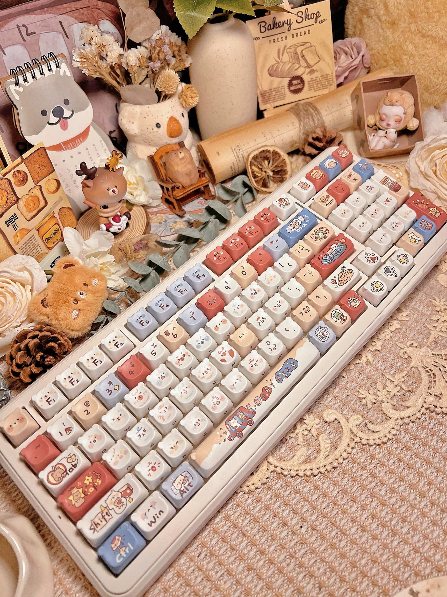 018 Bear Ear Bear Head Blue and Red kawaii emoji 130 keys Keycaps