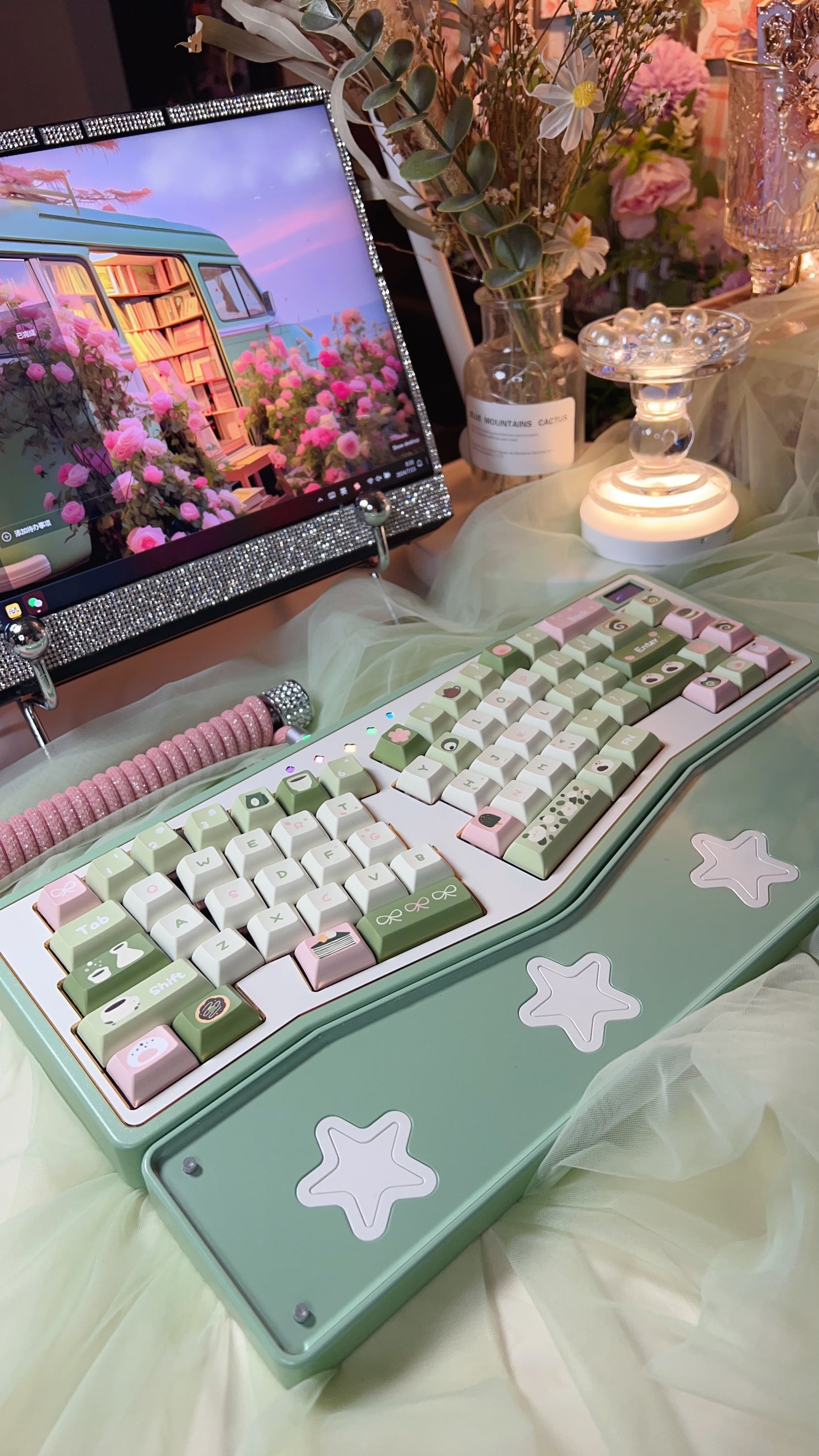 【Only 1 In-stock】Prebuilt StarAlice Pastel Green Aluminum Customized Mechanical Keyboard and Wrist Rest set