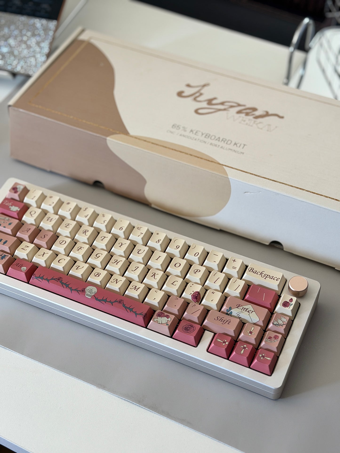 ONLY 1 Instock Prebuilt Aluminum Custom Mechanical Keyboard Weikav Sugar65 + Rose letter Keycaps+Poro Switch