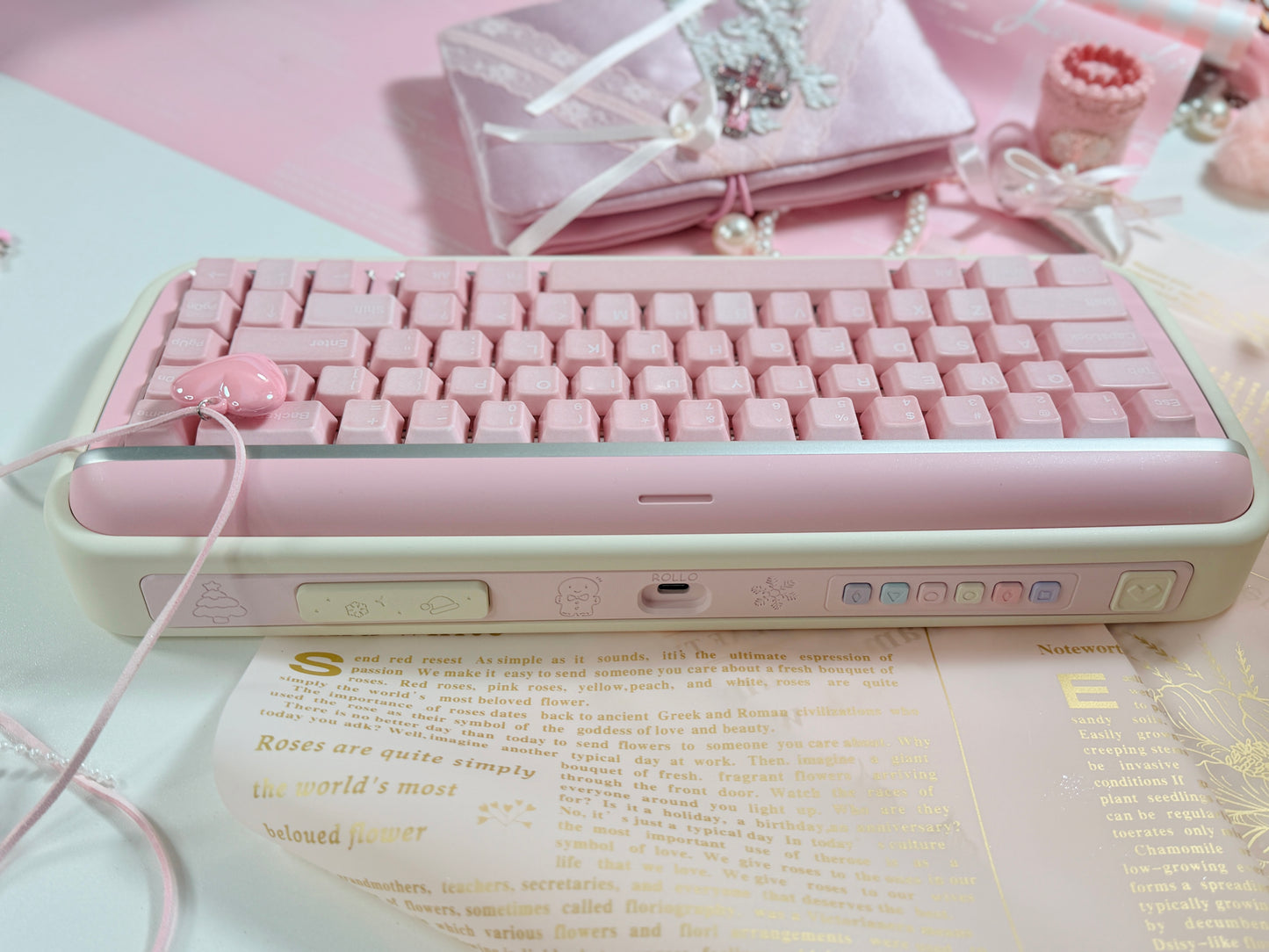 ONLY 1 Instock Prebuilt Aluminum Customized Mechanical Keyboard Rollo75 Pale Pink Cerakey Matte Keycaps Set