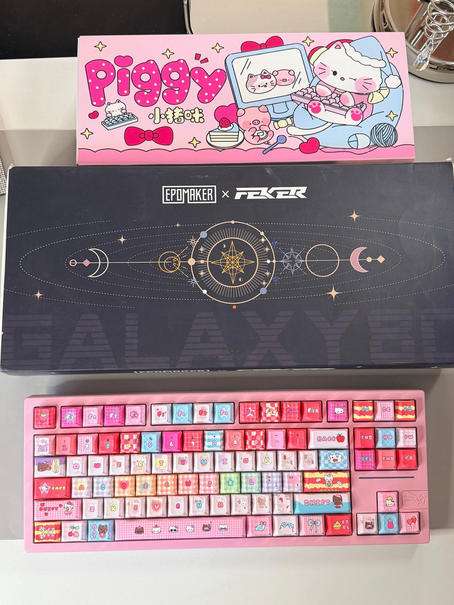 Unboxing Clearance ONLY 1 Instock Prebuilt Galaxy80 Pink Aluminum Customized Mechanical Keyboard + Kitty keycap Set