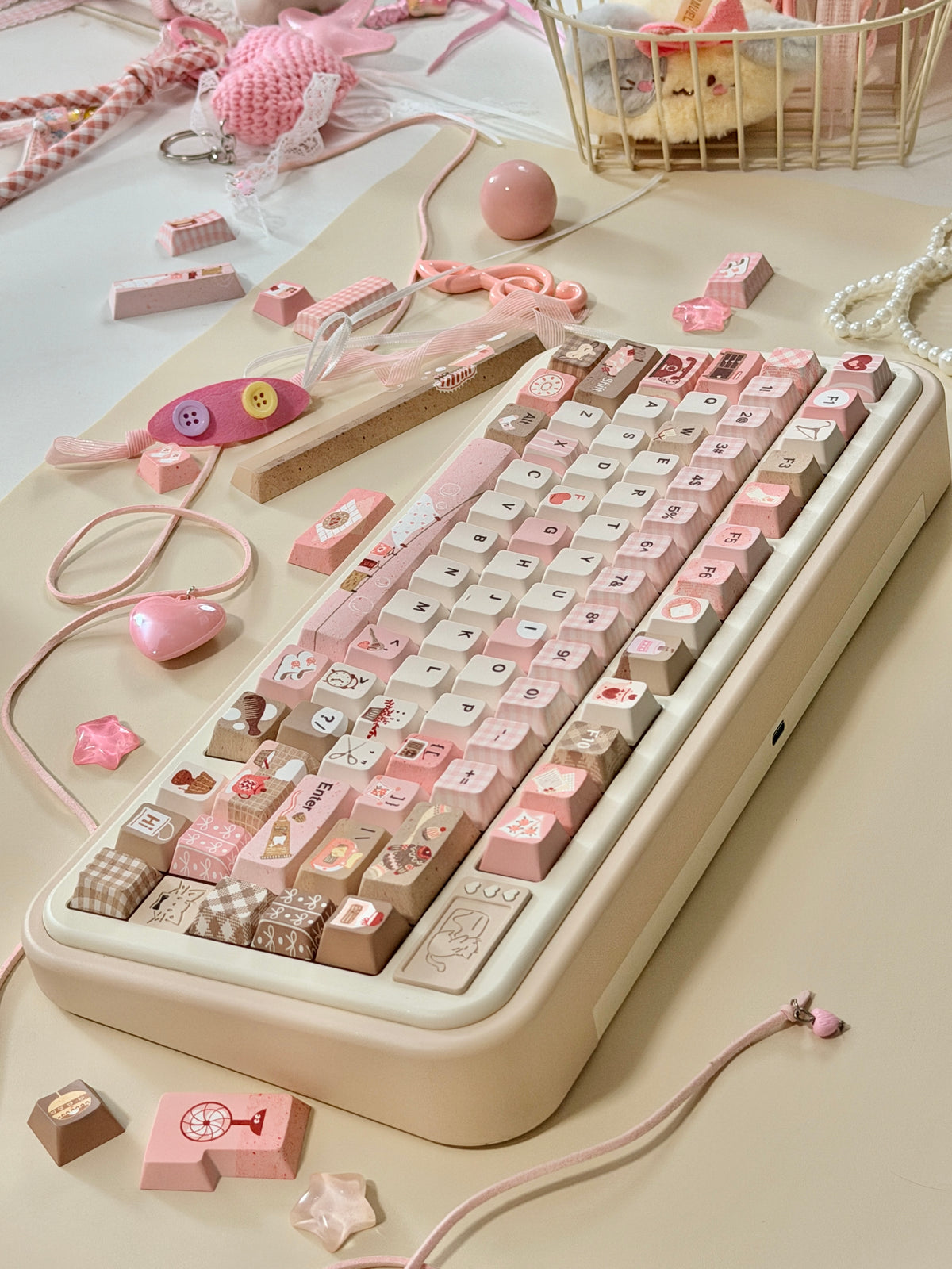 #0313 Sweet Home Strawberry Milk Café Keycaps – Kawaii Pink & Brown Dessert Theme Cute Custom Mechanical Keyboard Keycap Set