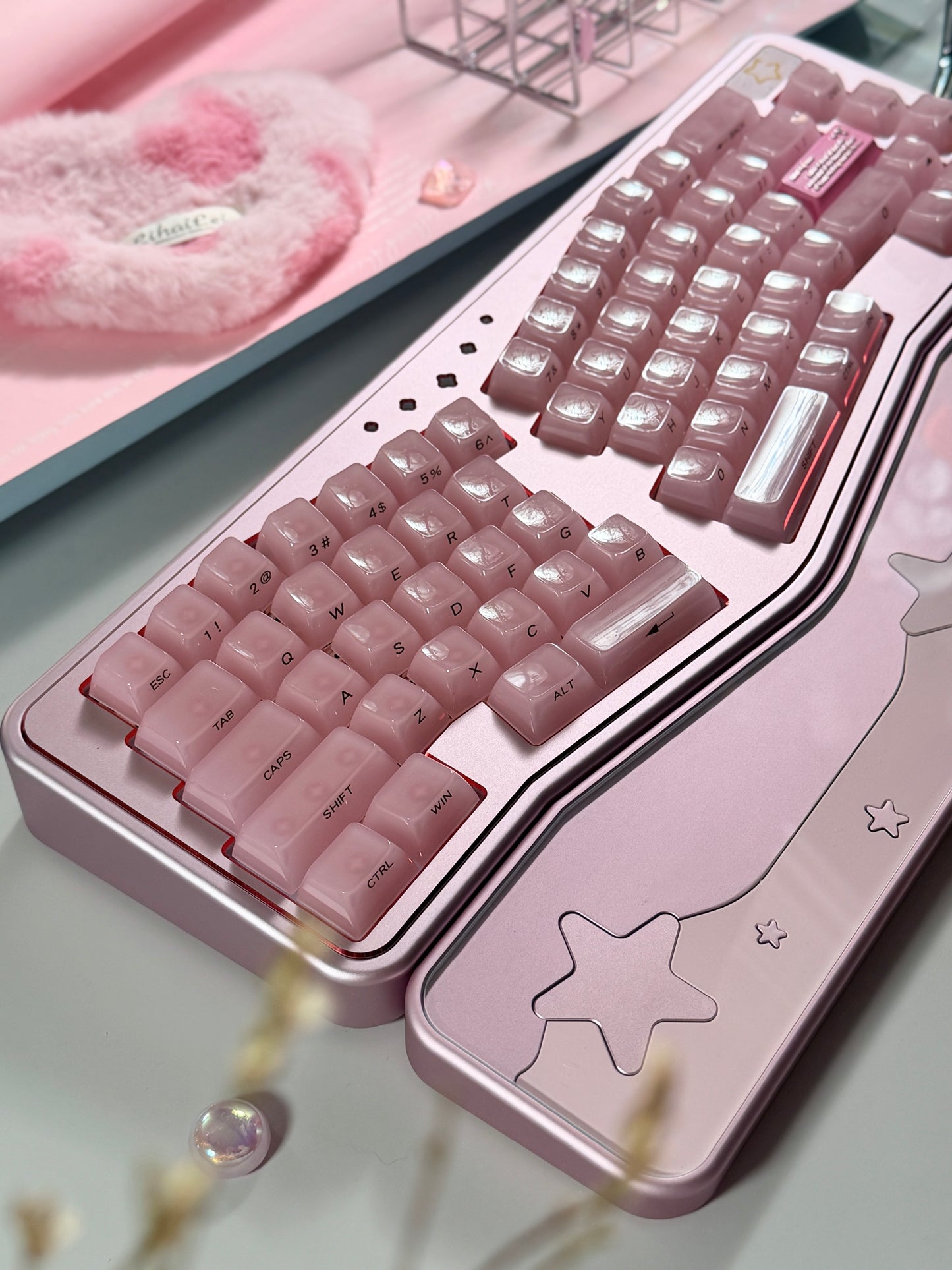 ONLY 1 Instock Prebuilt Aluminum Custom Mechanical Keyboard Staralice Ergonomic Anodized Pink Set including Wristrest Keycaps & switches