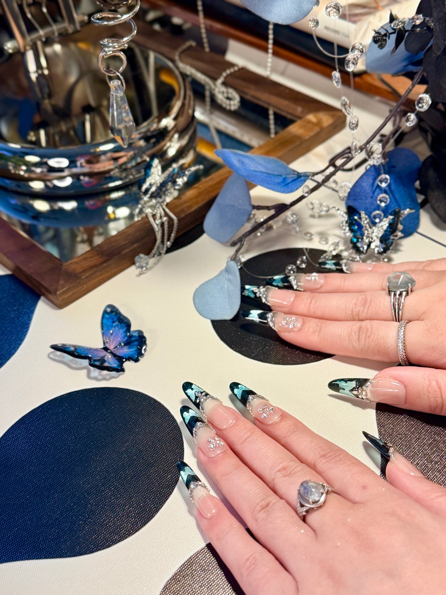 Black Blue Butterfly Press On Nails Shimmering Diamond Long Oval Handmade Nail Arts