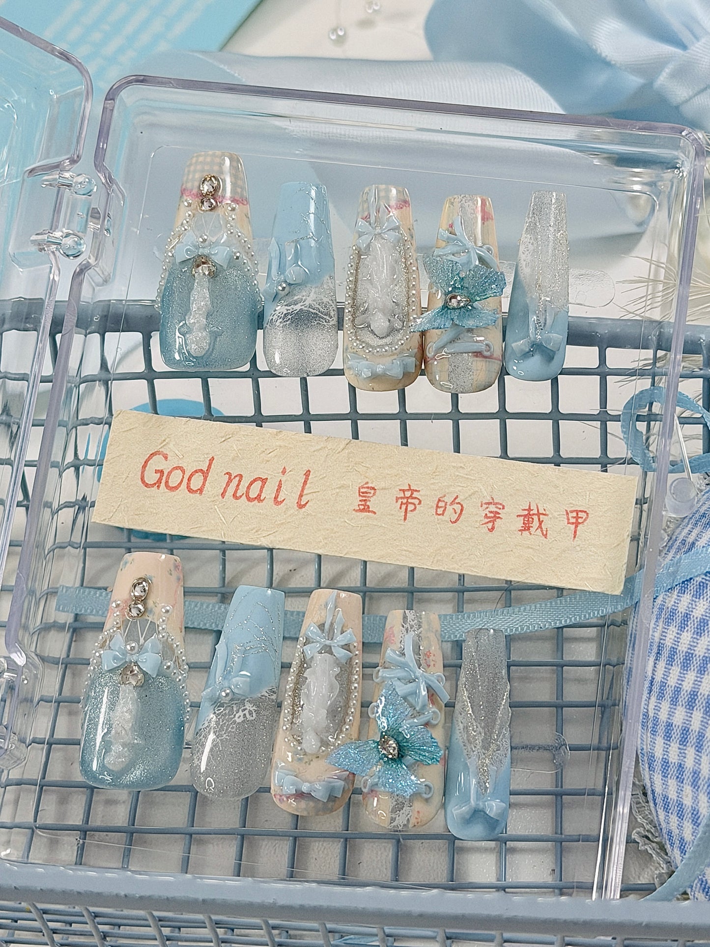 Blue Magnetic Butterfly Lace Press On Nails Long Coffin Pearl Beads Angel