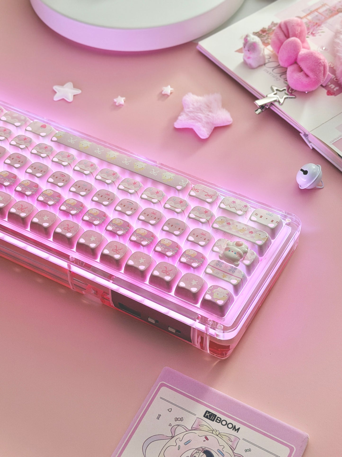 Unboxing Clearance ONLY 1 KiiBOOM Phantom 68 Pink Crystal Gasket-Mounted Mechanical Keyboard & KiiBOOM Pink Meow Keycap Set