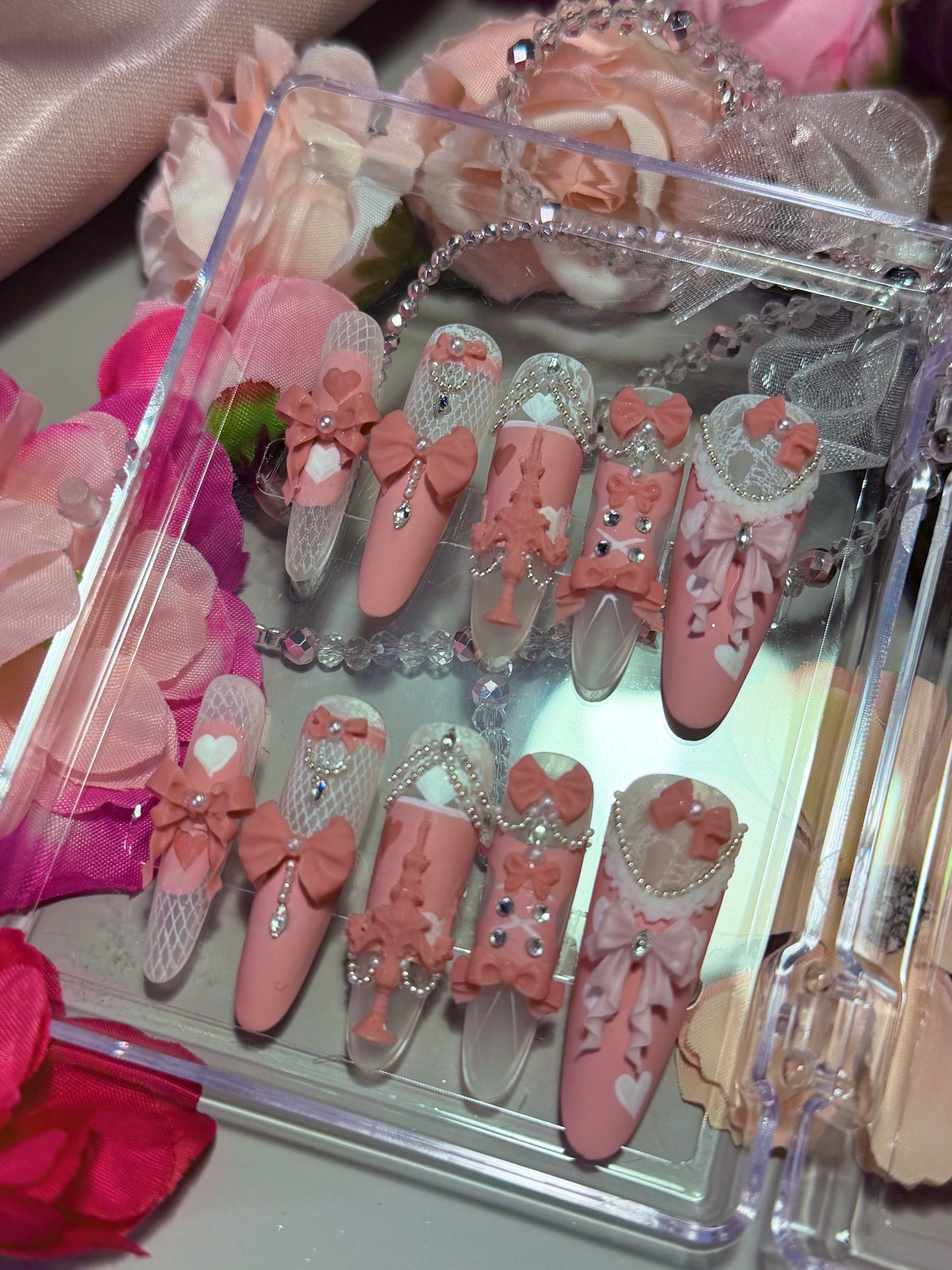 Pink Princess Bow Lace Flower Matte Finish Press On Nails Long Y05 With Pearl Beads Diamond Decor