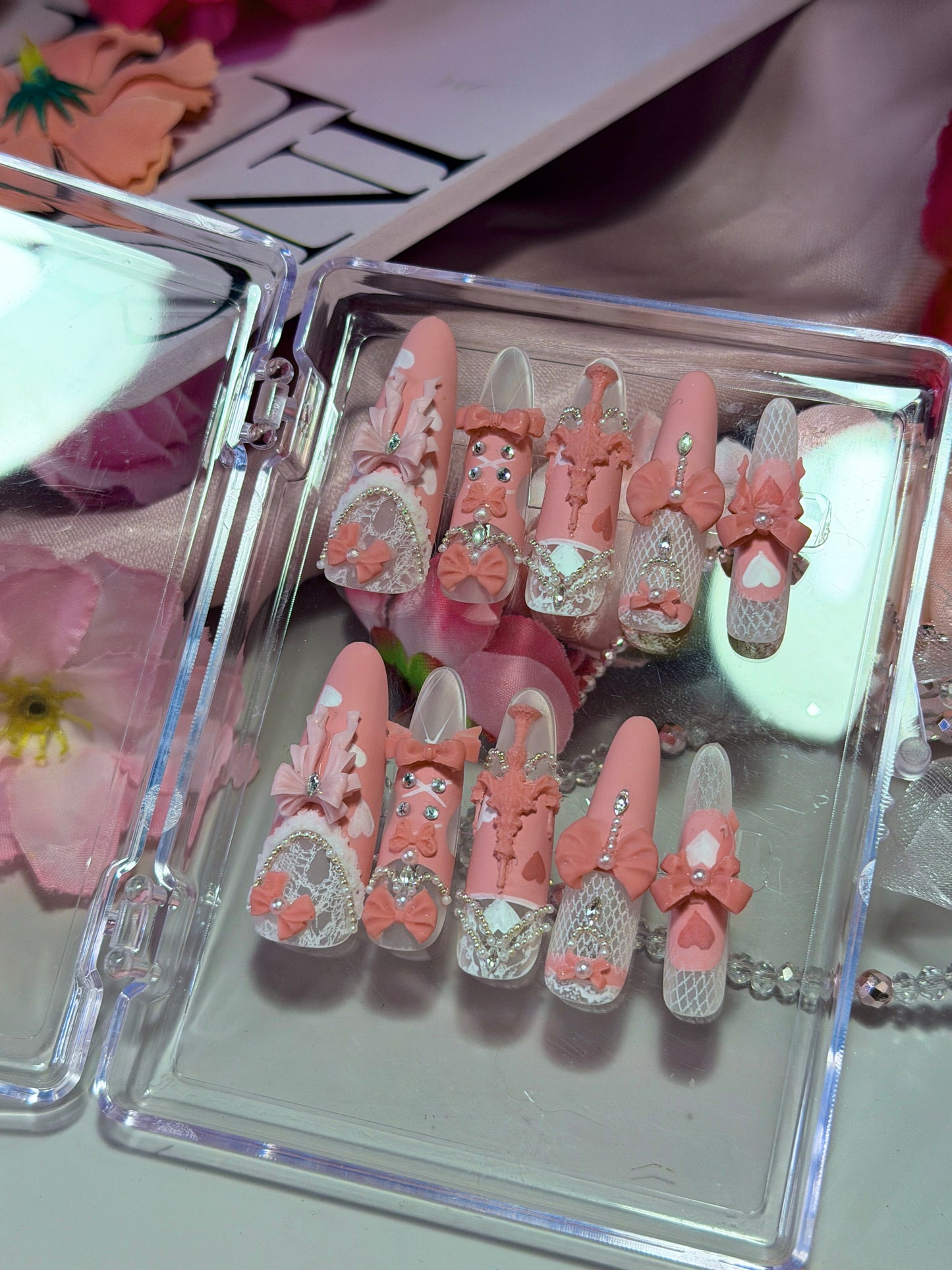Pink Princess Bow Lace Flower Matte Finish Press On Nails Long Y05 With Pearl Beads Diamond Decor