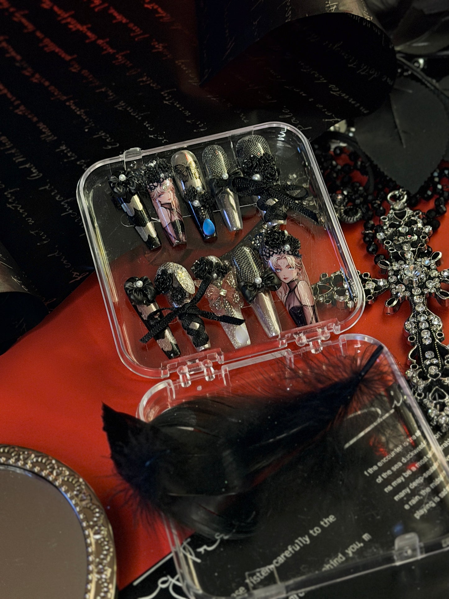 Gothic Dark Black Butterfly Lace Moonstone Press On Nails Long Coffin Handmade Paint