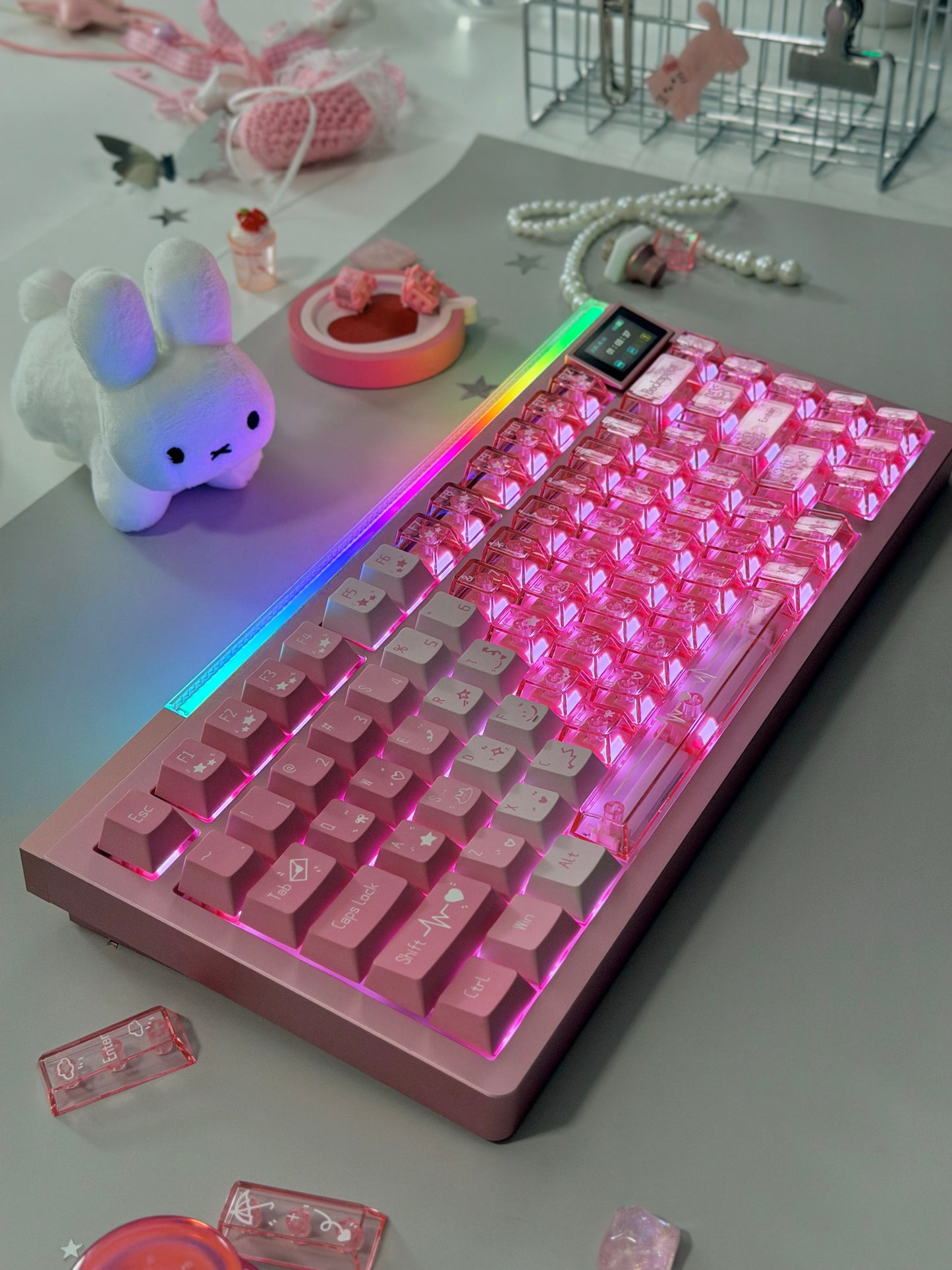 ONLY 1 Unboxing Clearance Anodized Pink GLOW75 DIY Kit &DuoChrome Keycaps & Silent Linear Switches