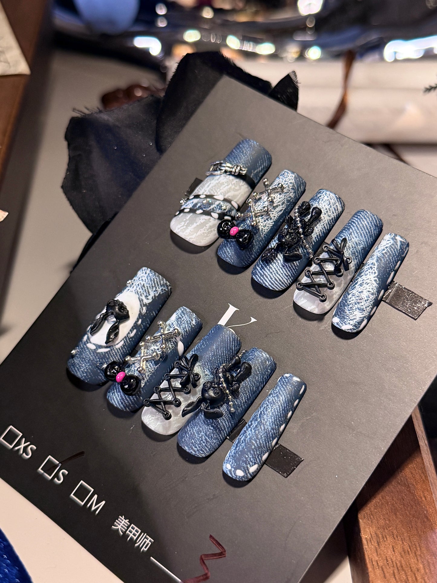 Punk Bunny 3D Lace Strap Denim Jeans Pattern Press On Nails Long Pipe Handmade Paint