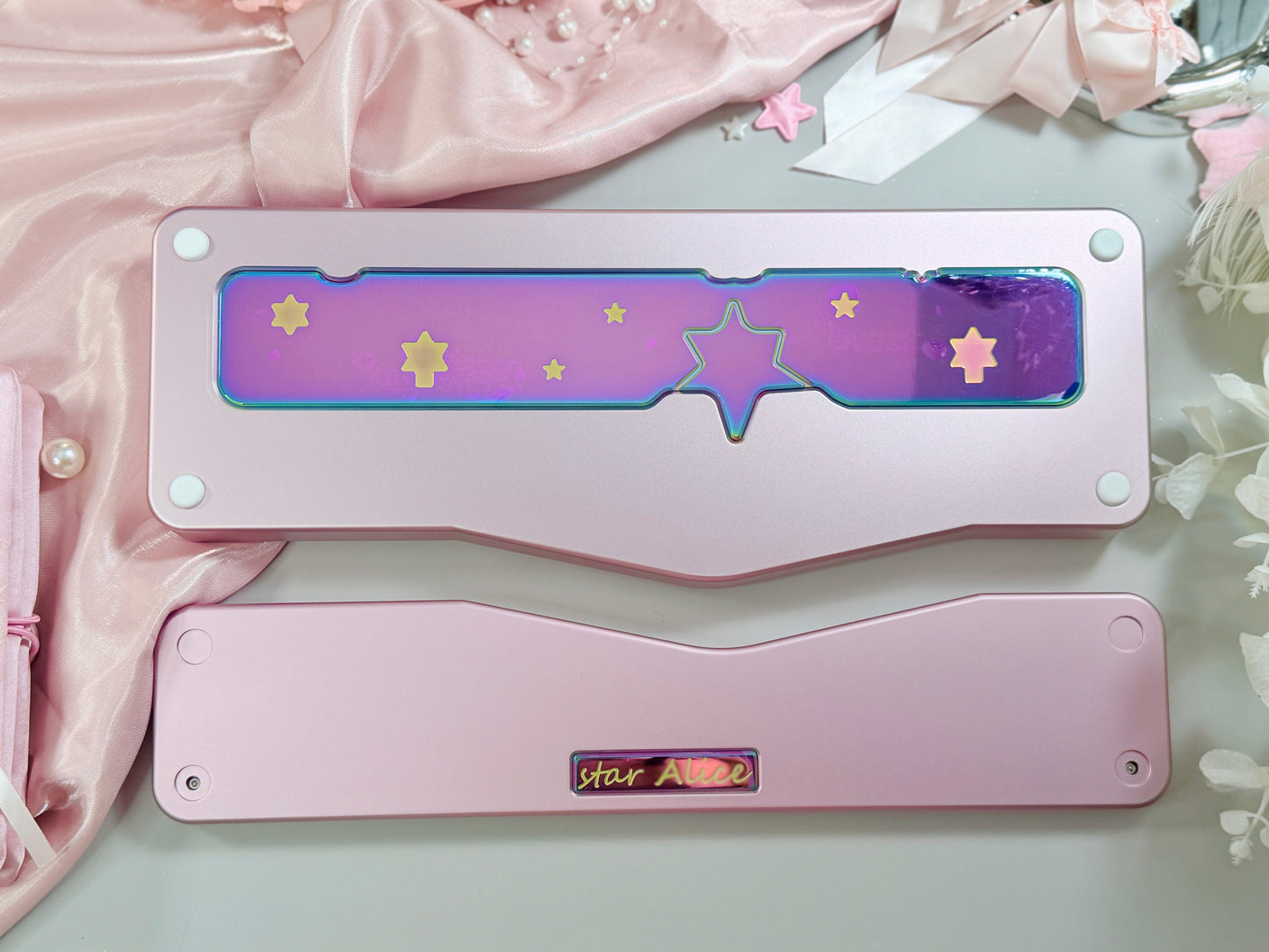 ONLY 1 Instock Prebuilt Aluminum Custom Mechanical Keyboard Staralice Ergonomic Anodized Pink Set including Wristrest Keycaps & switches