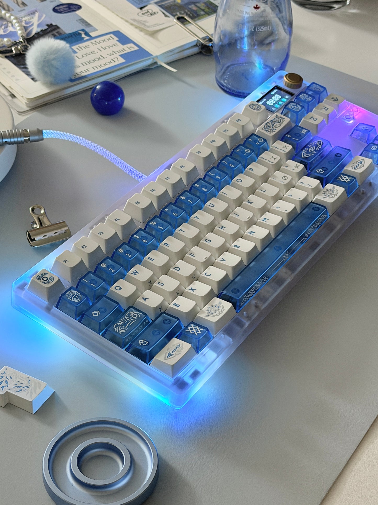 ONLY 1 Instock Prebuilt Custom Mechanical Keyboard ZOOM TKL DYNA Frosted Clear & XVX Eternity Keycaps & TTC Ice Silent Switch