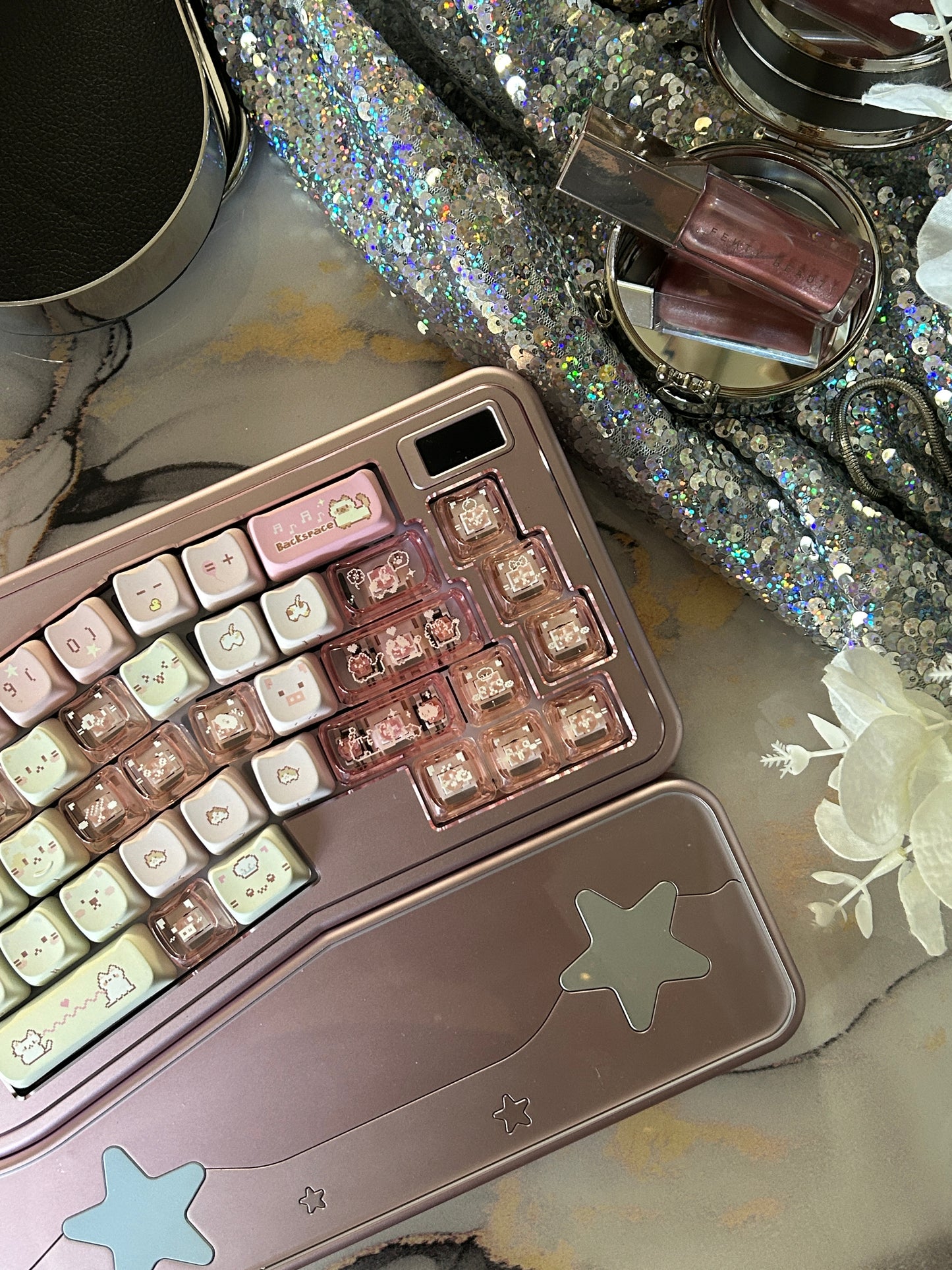 Preorder Prebuilt Aluminum Customized Mechanical Keyboard Staralice Anodized Pink set with Wristrest & switch & Cat Keycaps