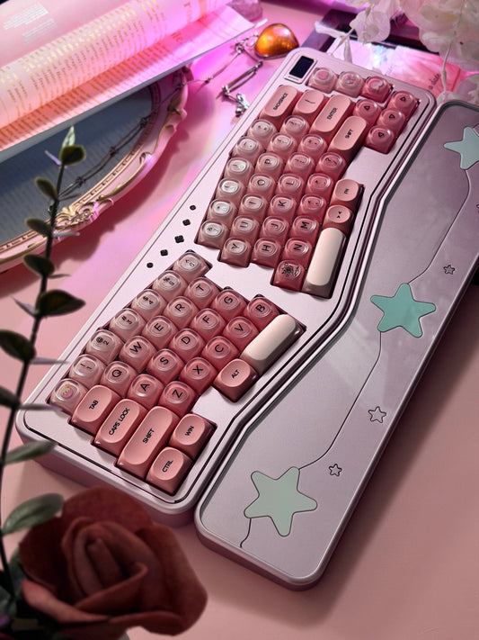 ONLY 1 Instock Prebuilt Aluminum Custom Mechanical Keyboard Staralice Ergonomic Anodized Pink Set including Wristrest Keycaps & switches