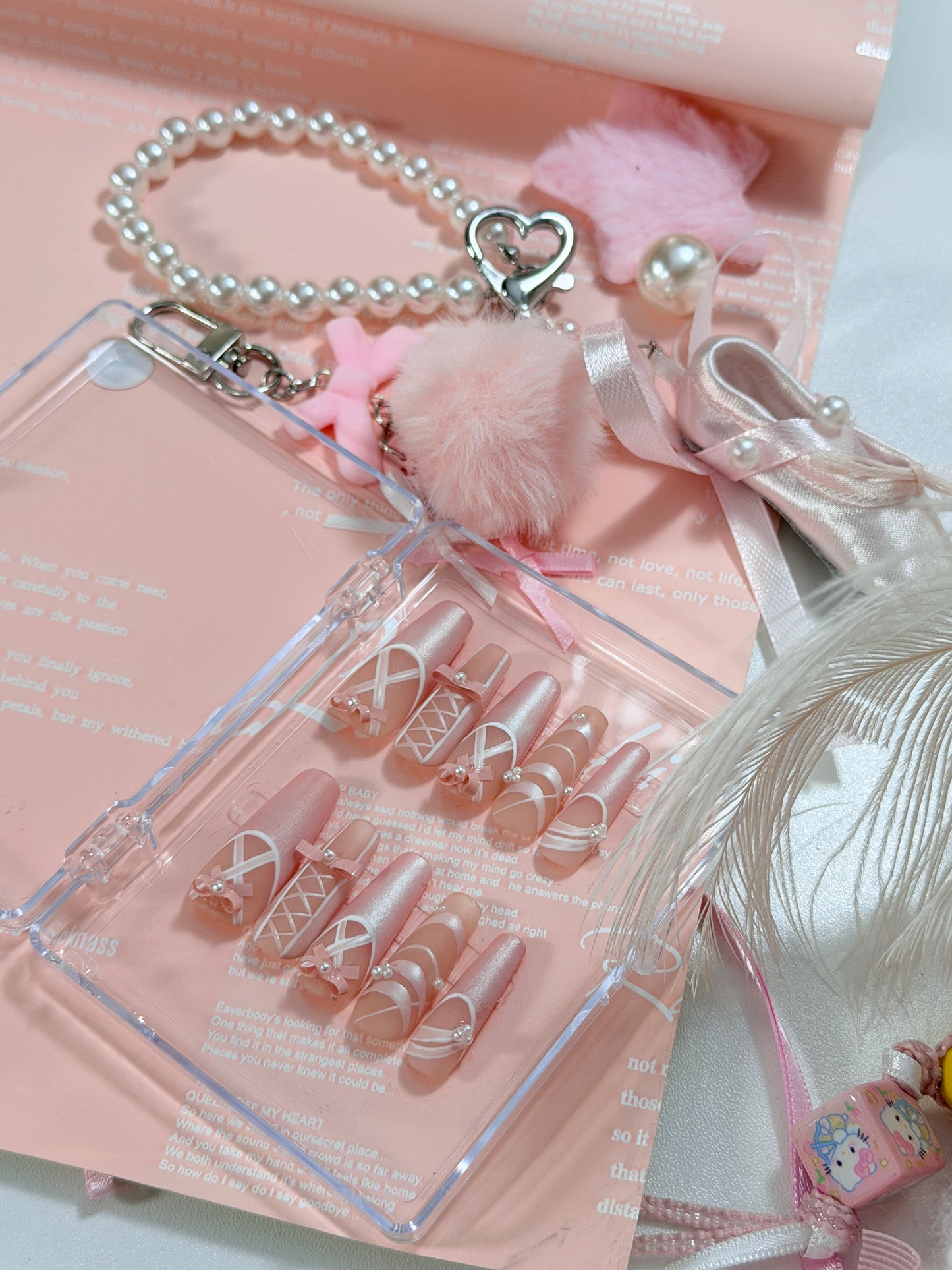 Pearl Pink Ballet Lace Bow Pattern Press On Nails Long Coffin