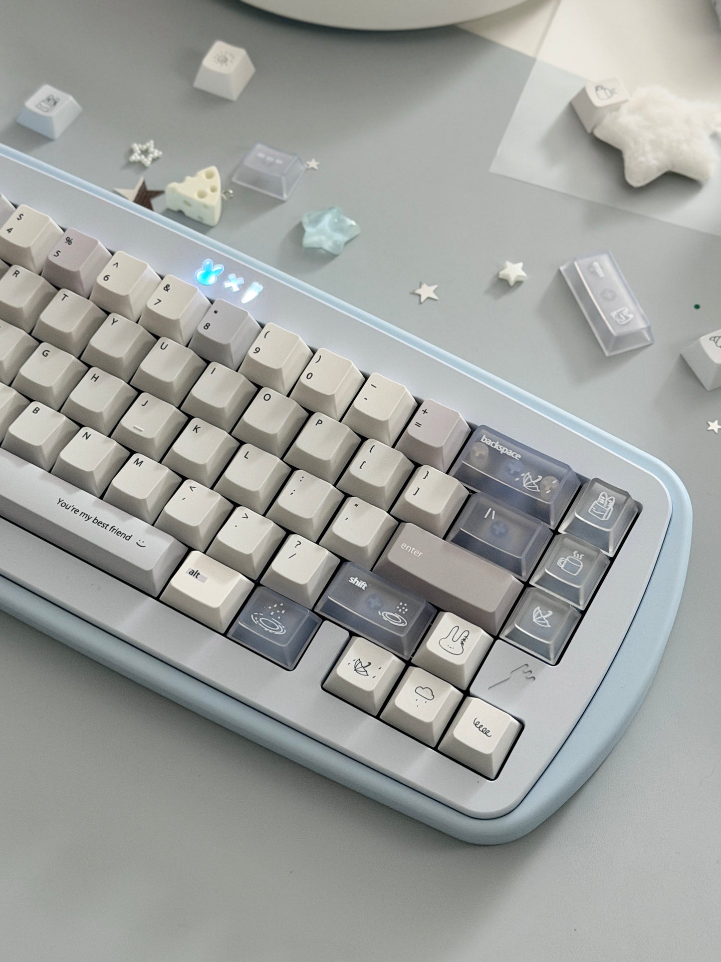 #0296 Minimalist Pale Blue White & Gray Keycap Set – Retro Japanese Style PBT Keycaps for Mechanical Keyboards Designed By Mochi Lab