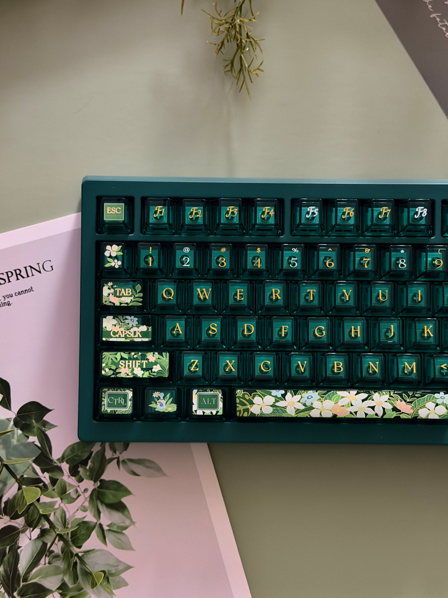 0298 Spring Flower Song | Green Clear PC Keycaps FC Profile – Dreamy Floral Transparent Keycap Set for Mechanical Keyboards