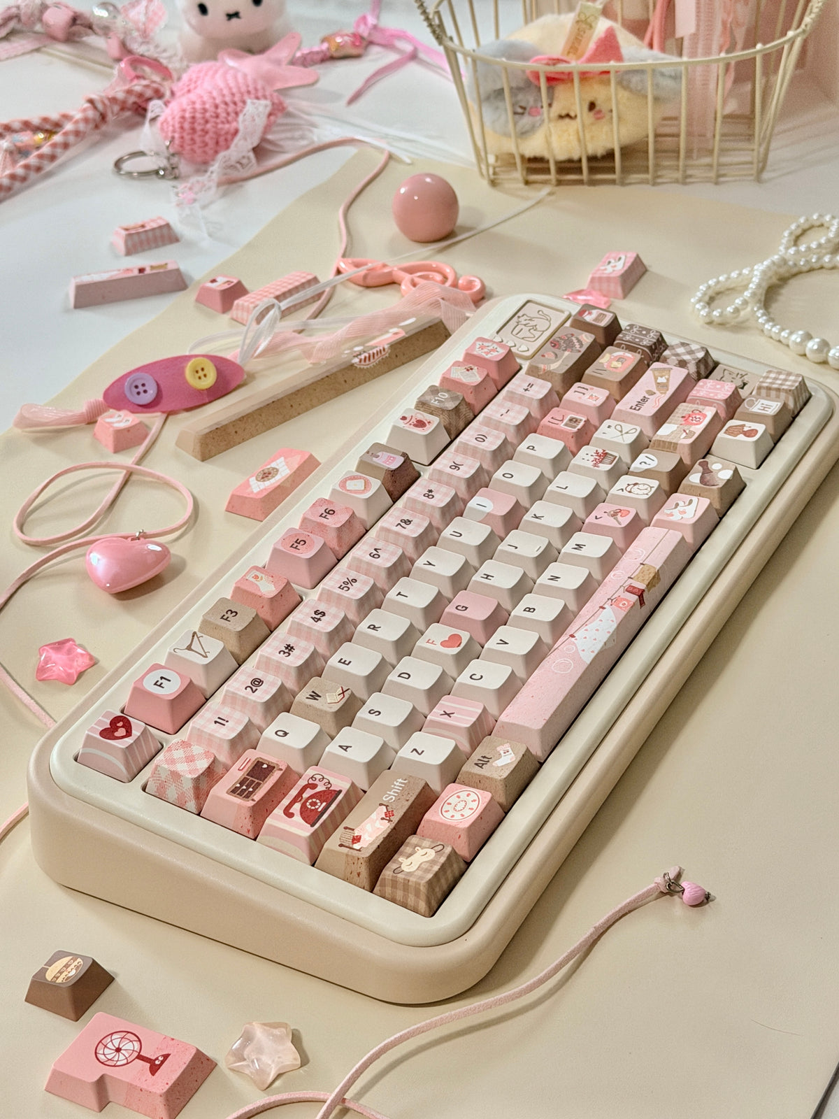#0313 Sweet Home Strawberry Milk Café Keycaps – Kawaii Pink & Brown Dessert Theme Cute Custom Mechanical Keyboard Keycap Set