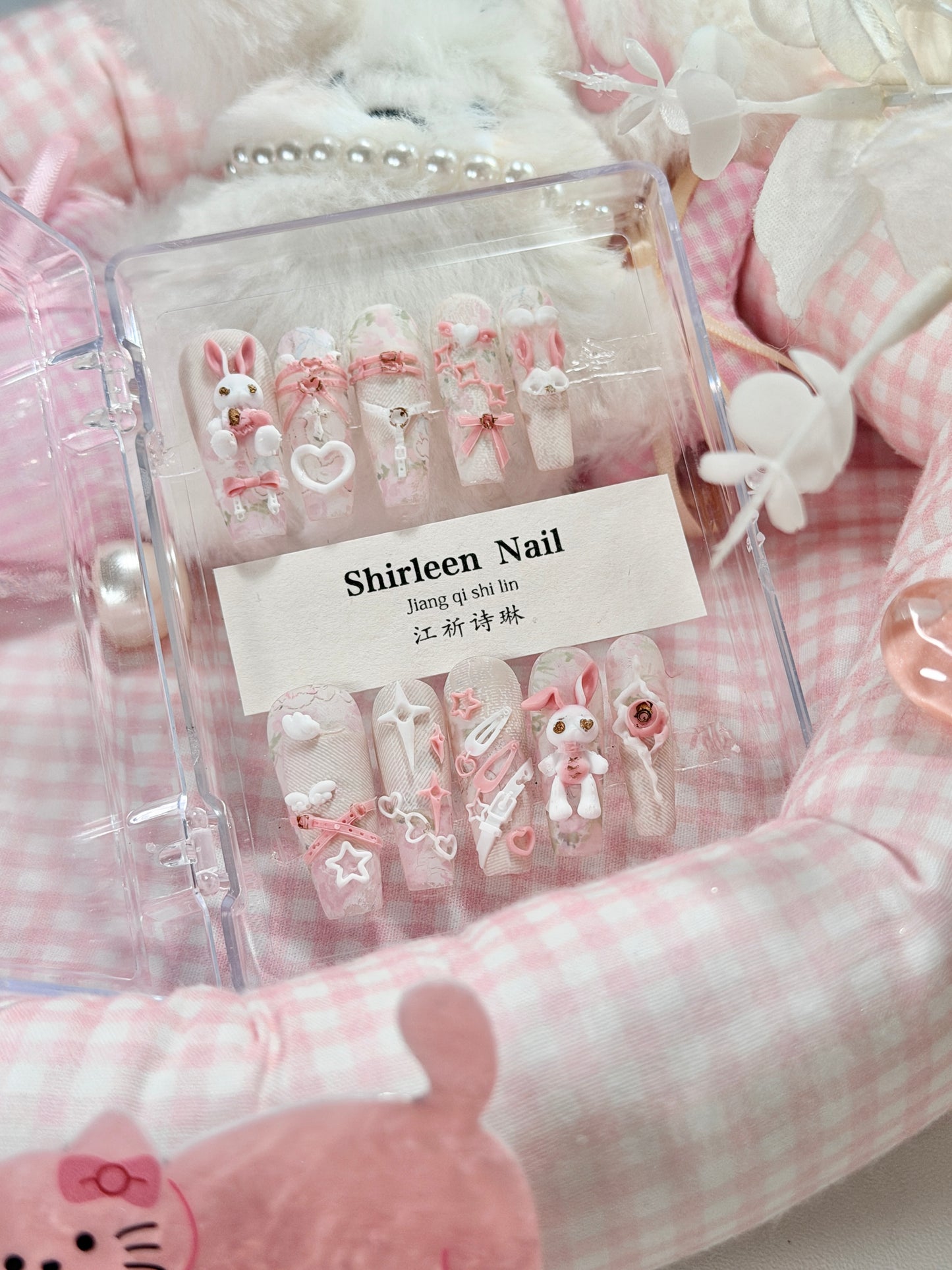 White Lace Pink Punk Bunny Bow 3D Pattern Press On Nails Long Coffin