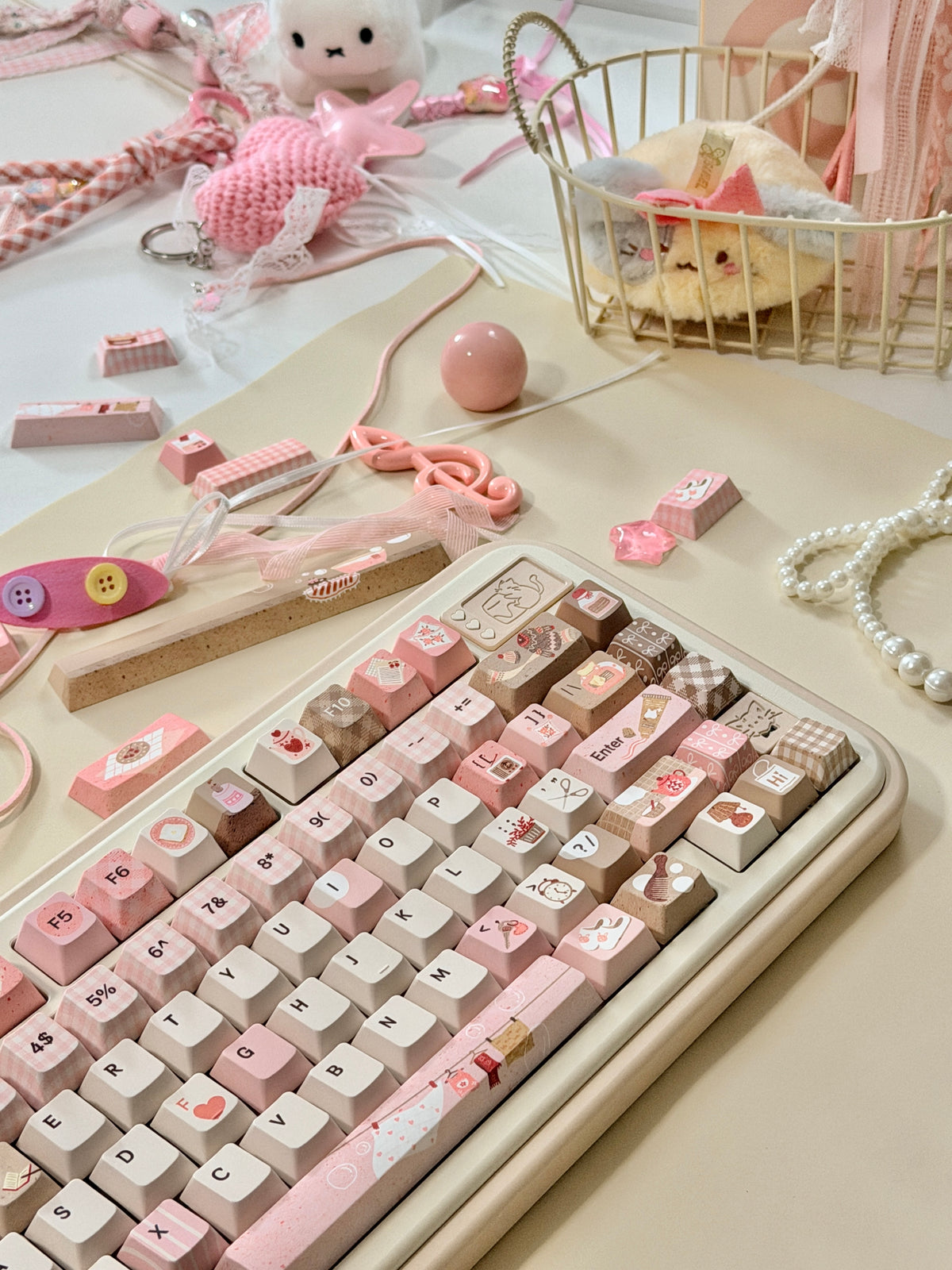 #0313 Sweet Home Strawberry Milk Café Keycaps – Kawaii Pink & Brown Dessert Theme Cute Custom Mechanical Keyboard Keycap Set