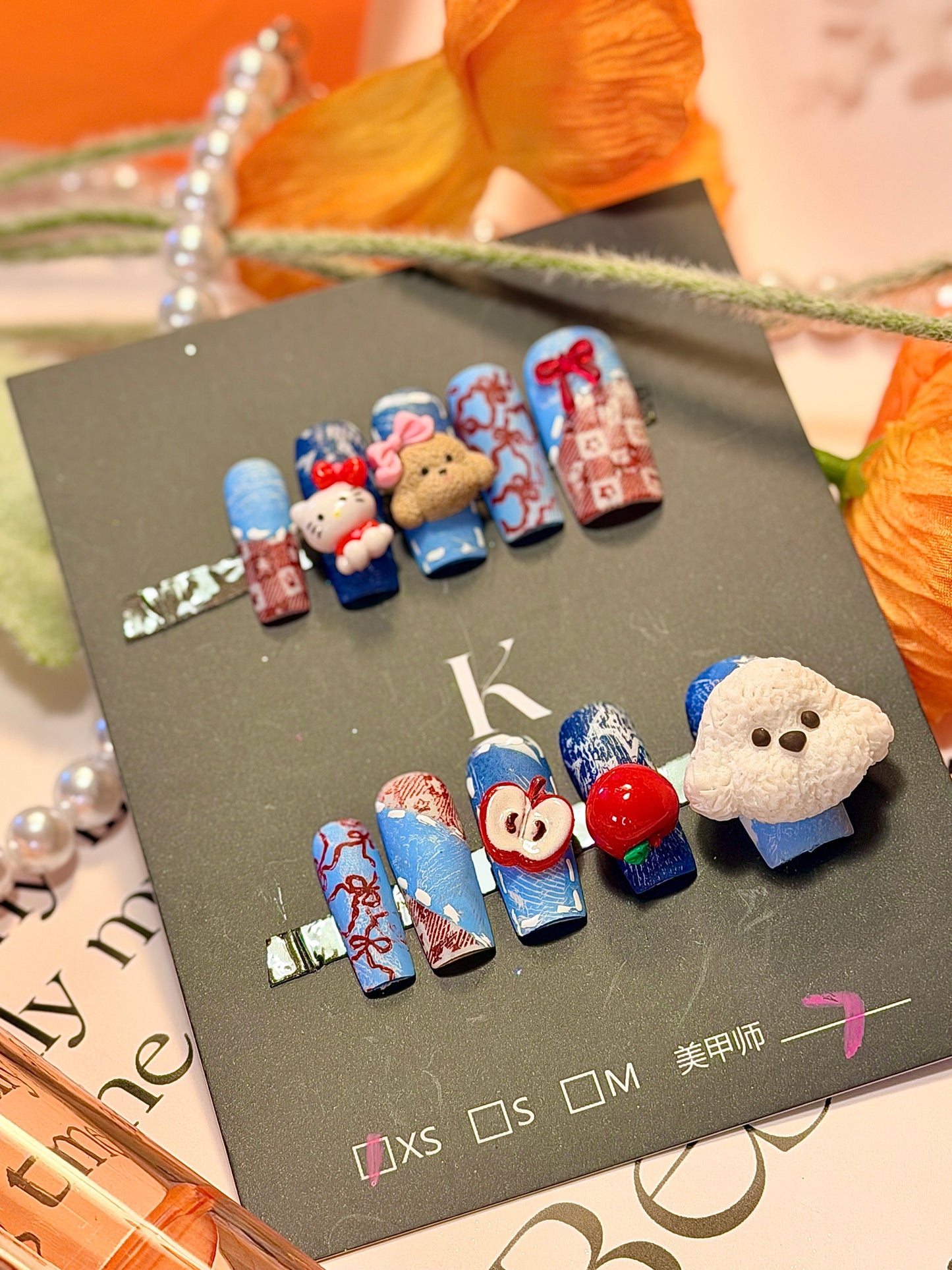 Kawaii Puppy Kitty 3D Red Apple Bow Denim Jeans Pattern Press On Nails Long Pipe