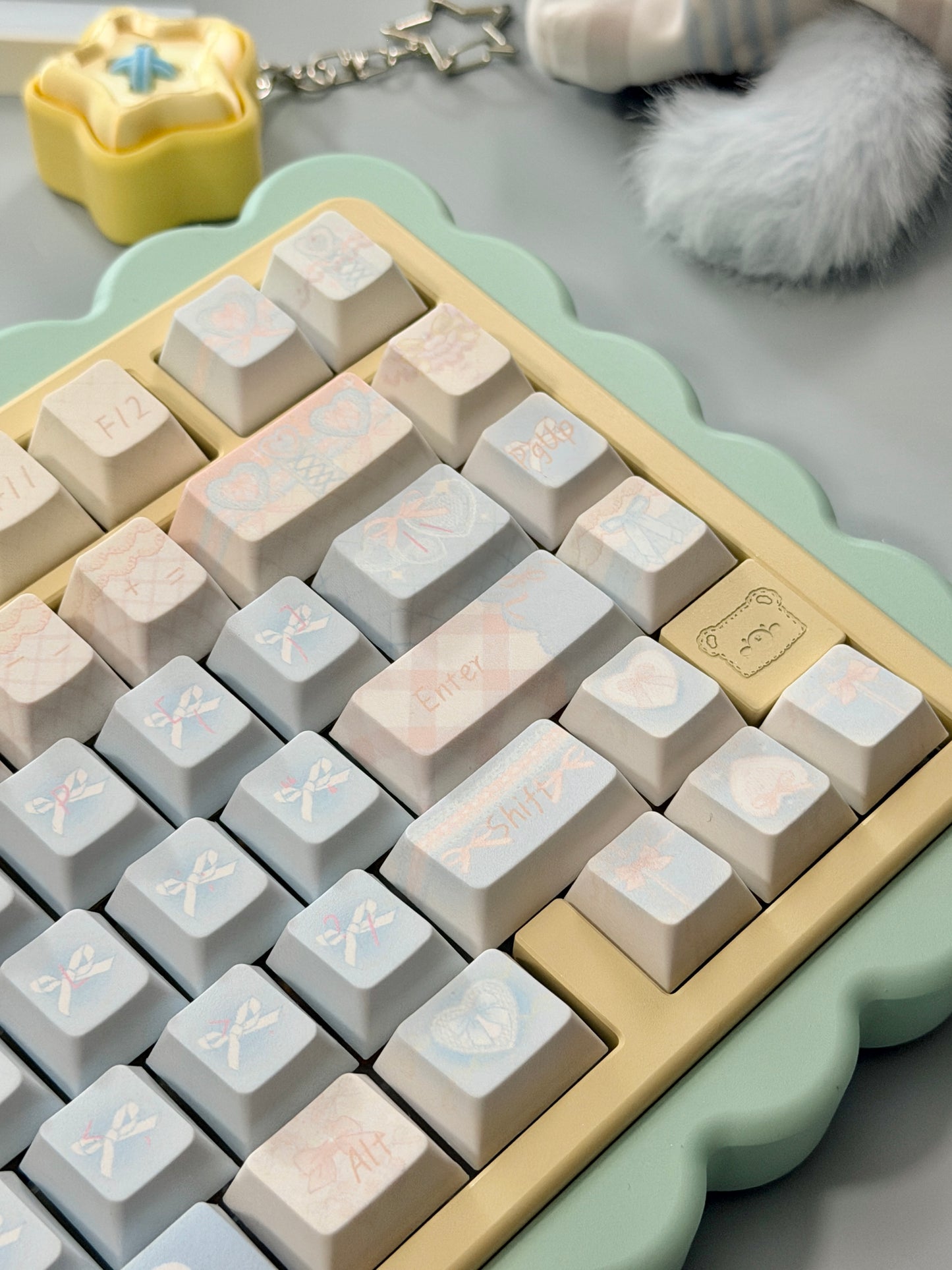 #0303 Aqua Lace Dream Garden Keycaps | Kawaii Pastel Floral & Bow PBT Keycap Set