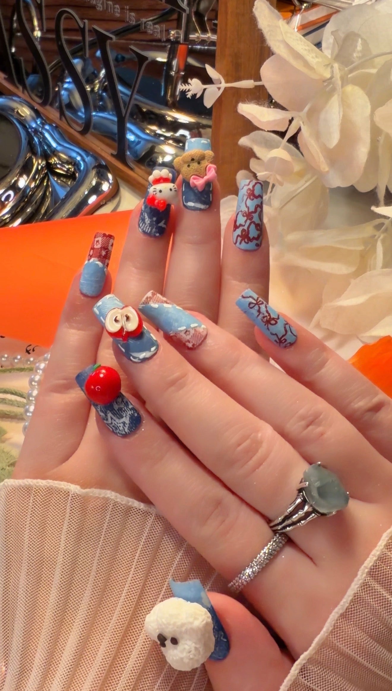 Kawaii Puppy Kitty 3D Red Apple Bow Denim Jeans Pattern Press On Nails Long Pipe