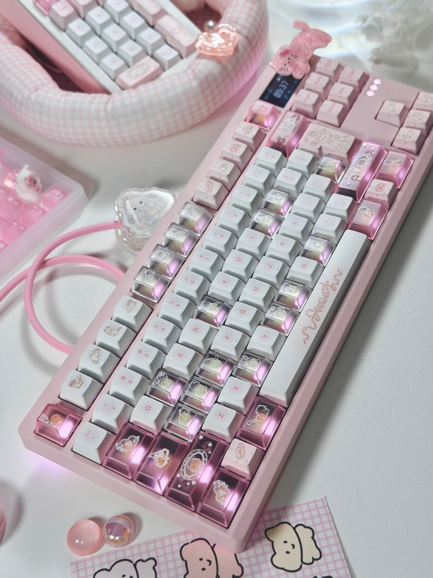 ONLY 1 Instock Prebuilt Aluminum Custom Mechanical Keyboard Pale Pink Meletrix ZOOM TKL DYNA Cat Keycap Set & Bow Pad