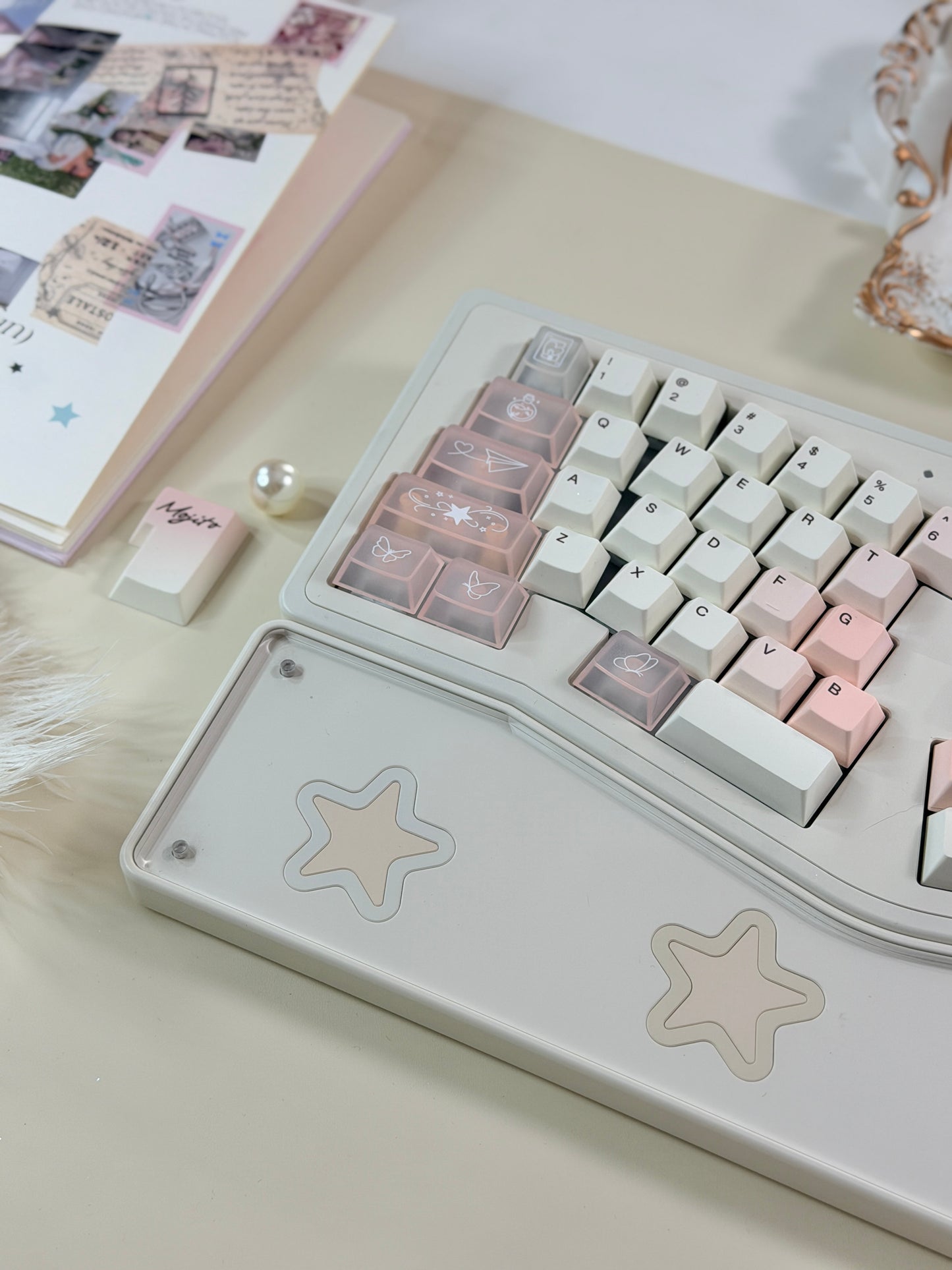 ONLY 1 Instock Prebuilt Aluminum Customized Mechanical Keyboard Staralice Cream White Set With Wristrest & Bow Pad