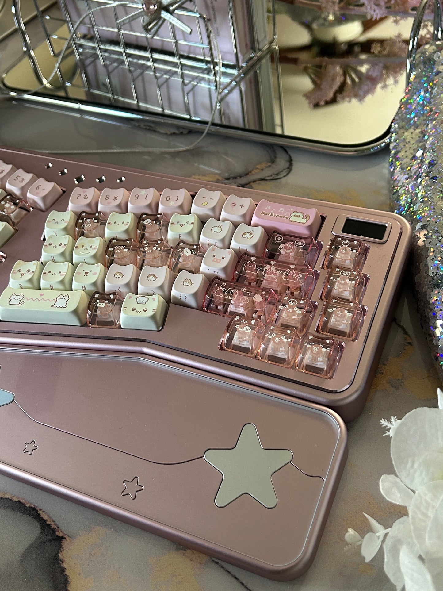 Preorder Prebuilt Aluminum Customized Mechanical Keyboard Staralice Anodized Pink set with Wristrest & switch & Cat Keycaps