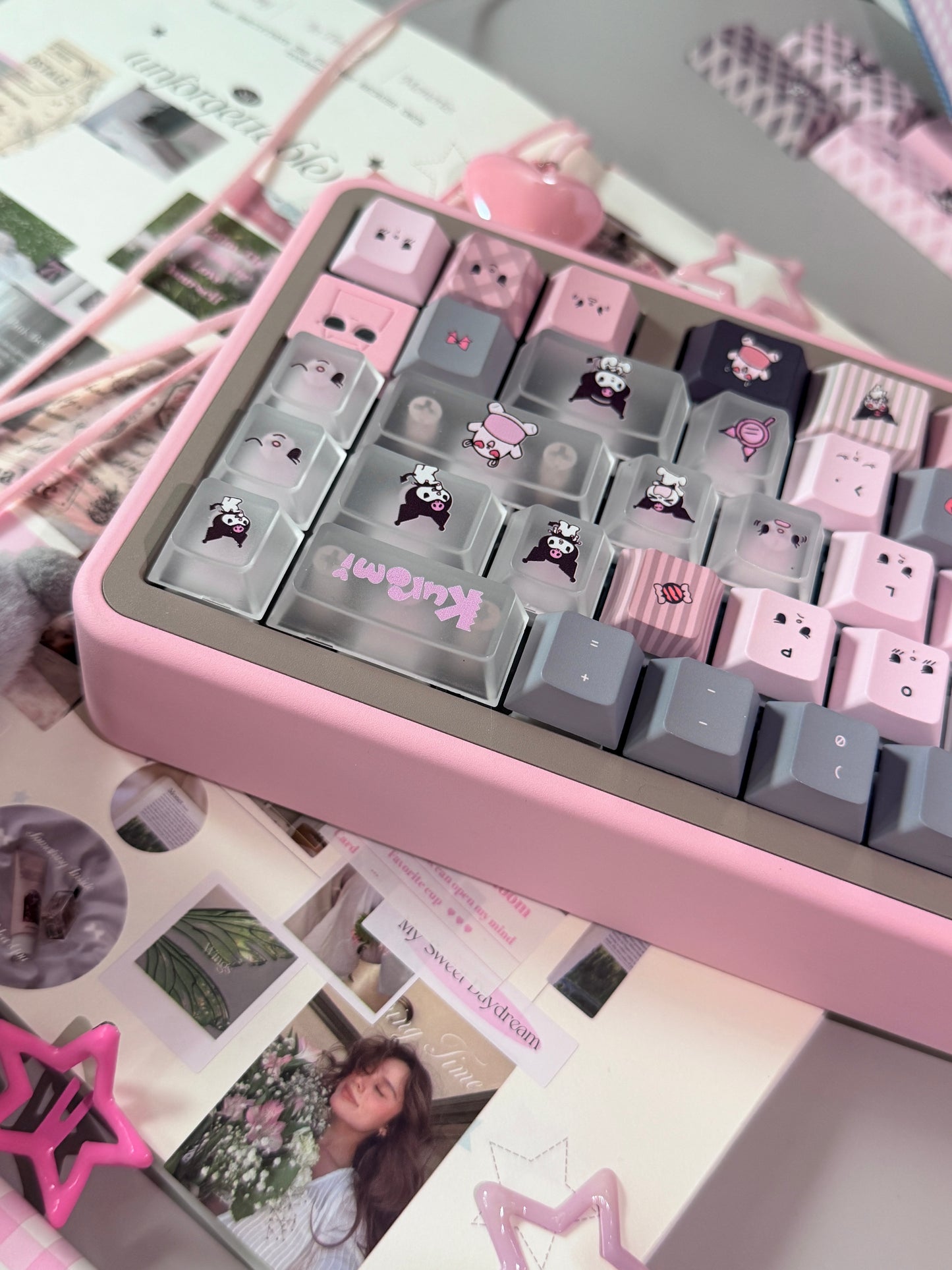 ONLY 1 INSTOCK Prebuilt Aluminum Customized Mechanical Keyboard Rose65 Grey Pink Set With Bow Pad