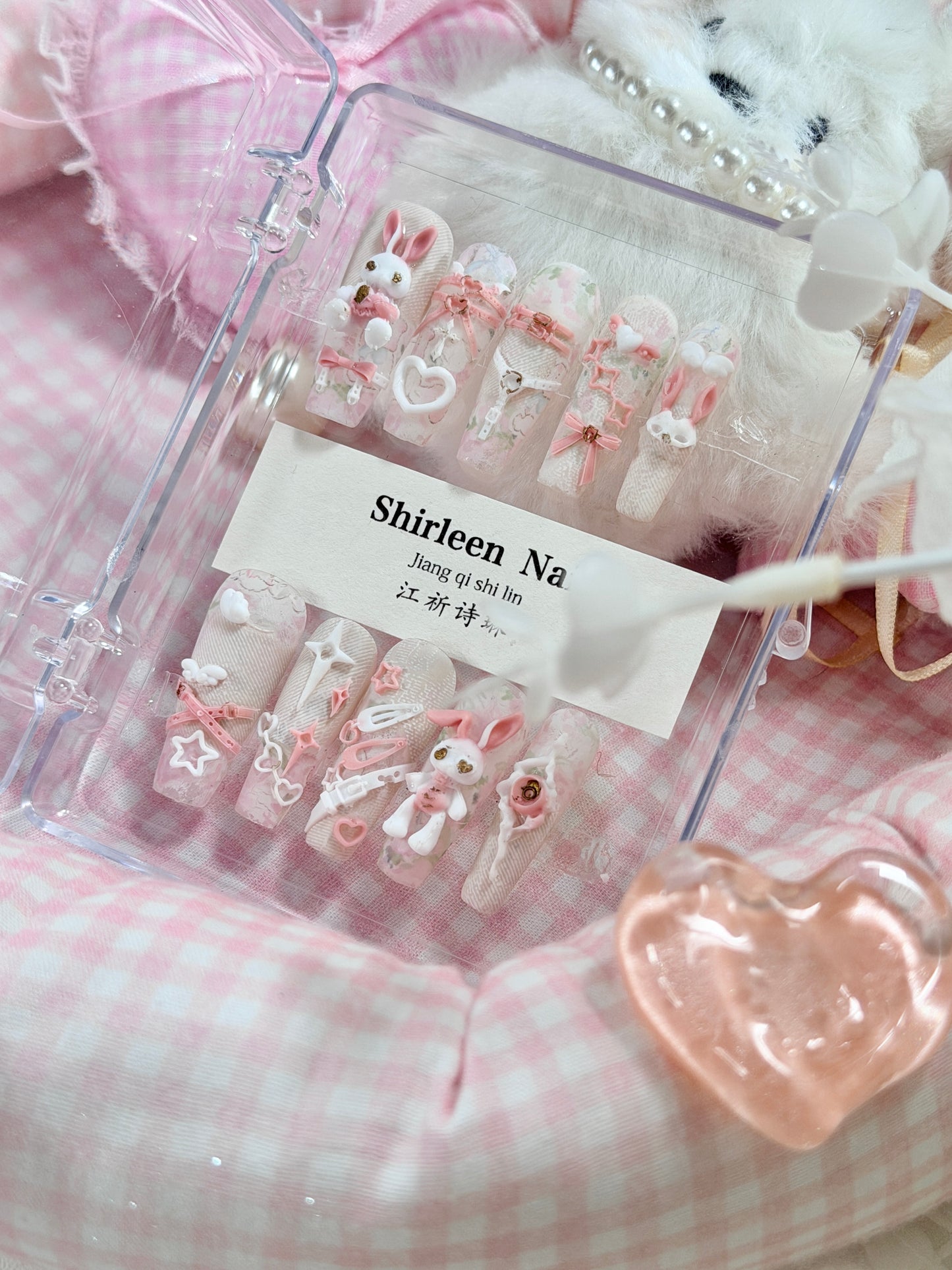 White Lace Pink Punk Bunny Bow 3D Pattern Press On Nails Long Coffin