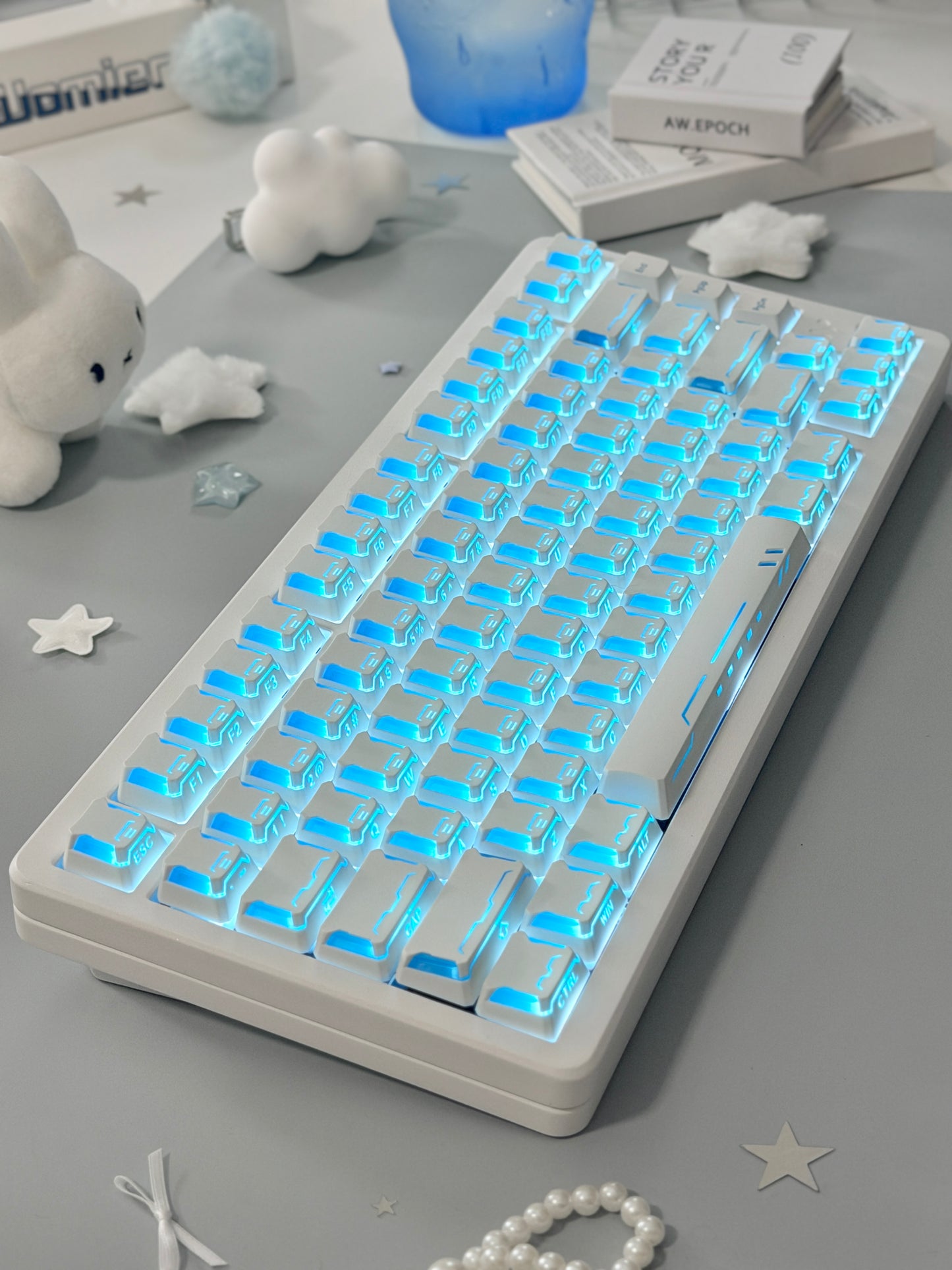 Unboxing ONLY 1 For Clearance WOMIER SK75 TMR White WIRELESS ALUMINUM CUSTOM KEYBOARD & STAR PRISM WHITE-BLUE CHERRY PROFILE SHINE-THROUGH KEYCAP SET